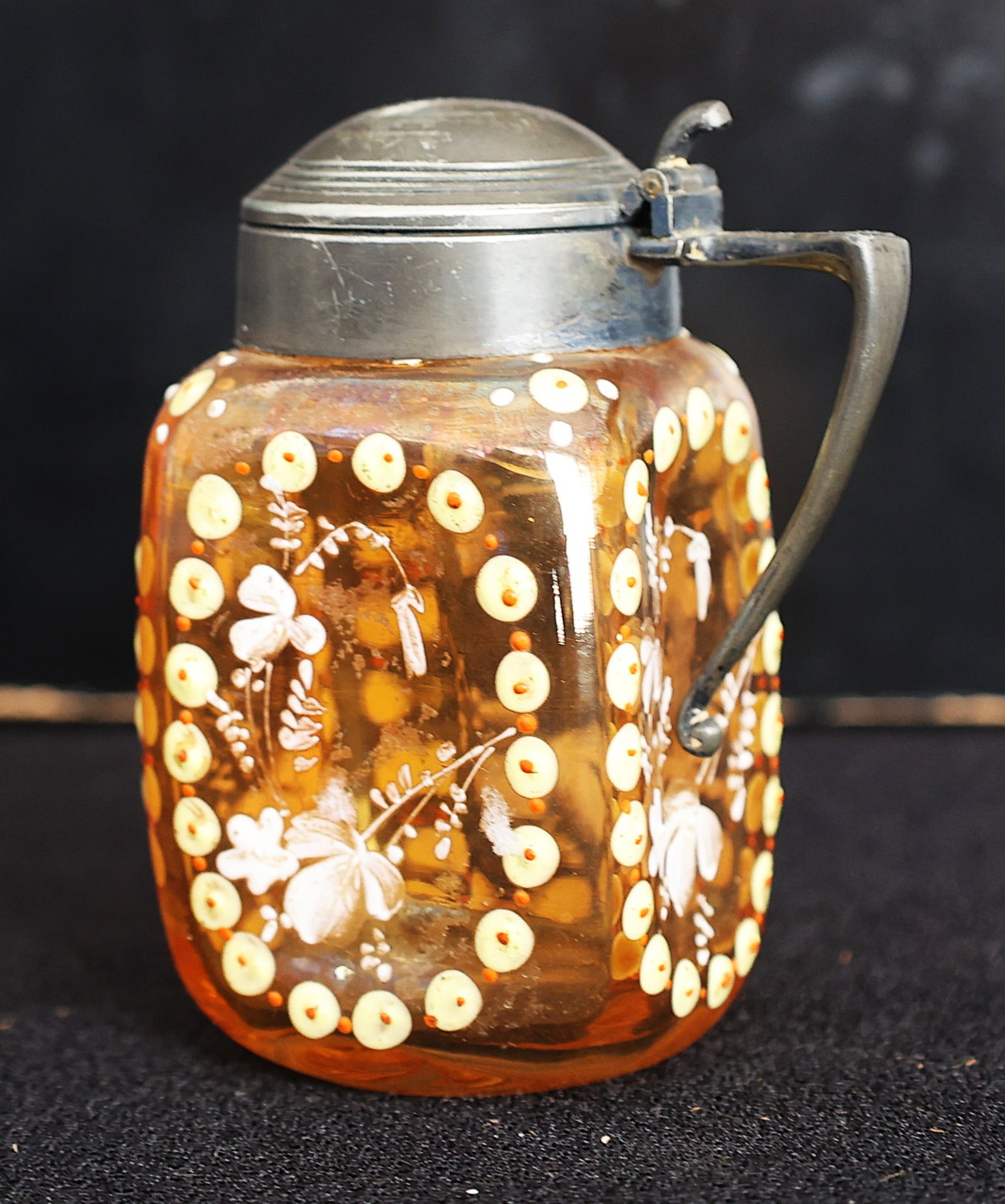 Circa 1800s Amber Glass Syrup Pitcher with Enamel Decoration 3 1/2 inches height x 2 in. wide (1 of 6)