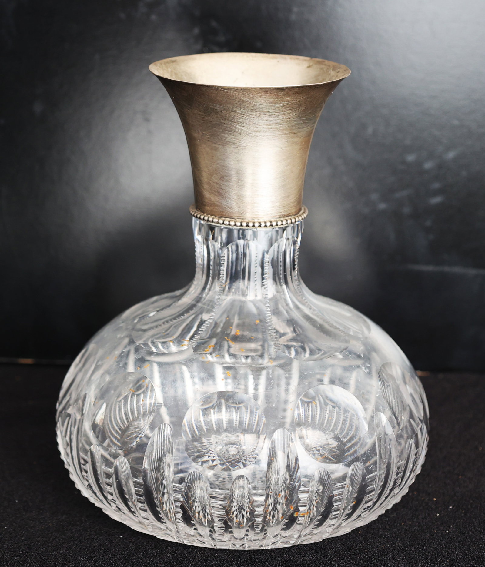 HEAVILY CUT CRYSTAL DECANTER WITH STERLING SULVER COLLAR SPOUT 7 3/4 in. height (1 of 5)