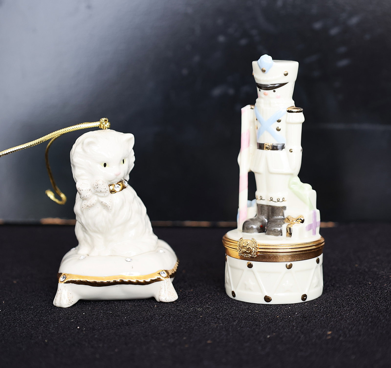 2 Lenox Fine Porcelain "Millennium Drummer" Trinket Box and a "Teddy's Wish" Cat Ornament. - 3