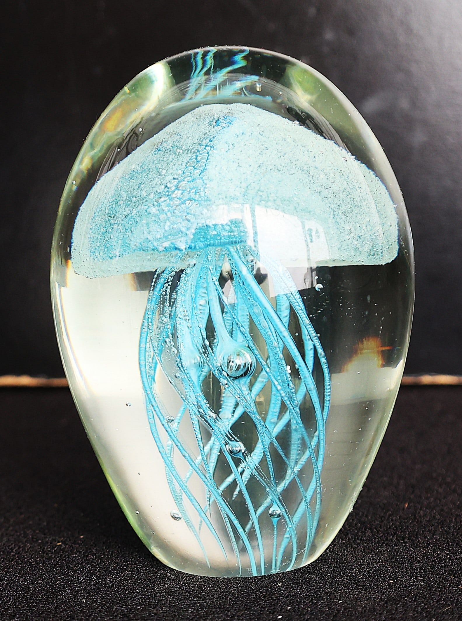 Handcrafted Art Glass Paperweight Blue Jellyfish Encapsulated in Clear Glass 4 1/4 in. height (1 of 4)