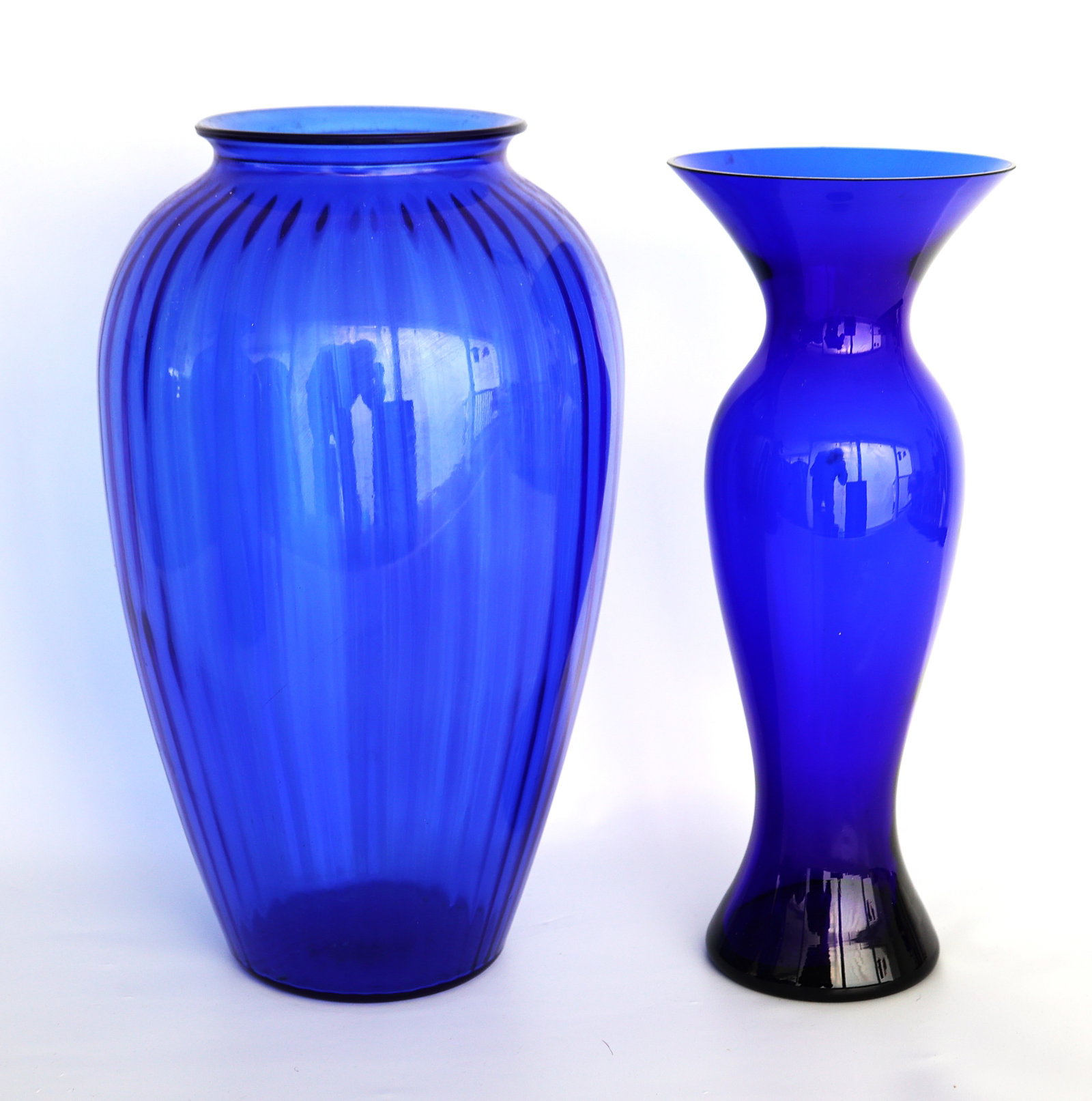 2 Tall Cobalt Blue Glass Vase: Ribbed Optics 13 in. height; Stylized Form 12 in. height (1 of 3)
