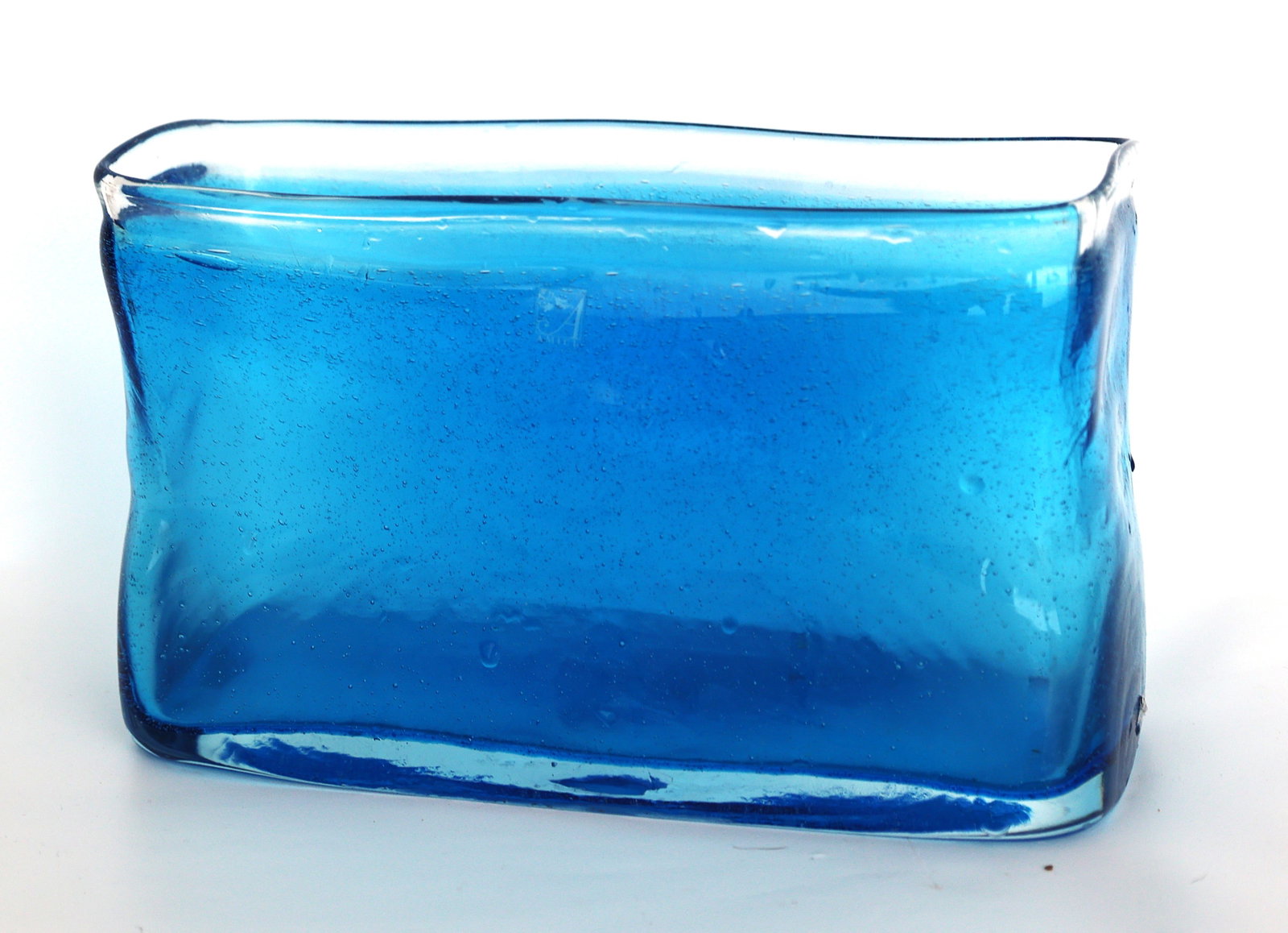 Modernist Vibrant Blue Glass Rectangular Brick Shaped Vase 9 1/2 inches length: Size: 6 in. height, 9 1/2 in. x 4 1/4 in. ; Modernist Vibrant Blue Glass Rectangular Brick Shaped Vase 9 1/2 inches length