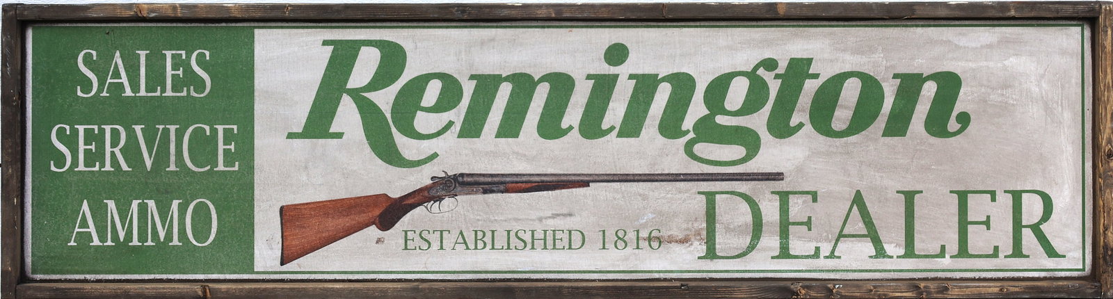 Printed Wood Sign: Remington Dealer - Sales - Service - Ammo , 49 1/4 inches length x 13 1/4 in.: Size: 49 1/4 inches length x 13 1/4 inches wide; Printed Wood Sign: Remington Dealer - Sales - Service - Ammo , 49 1/4 inches length x 13 1/4 in.