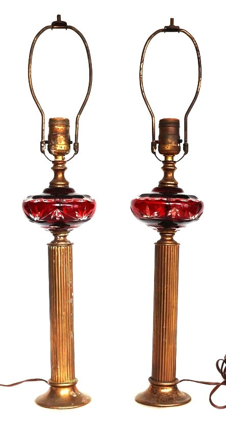 Pair Vintage Bohemian glass lamps features ruby red cut-to-clear glass orbs on brass columns (1 of 4)