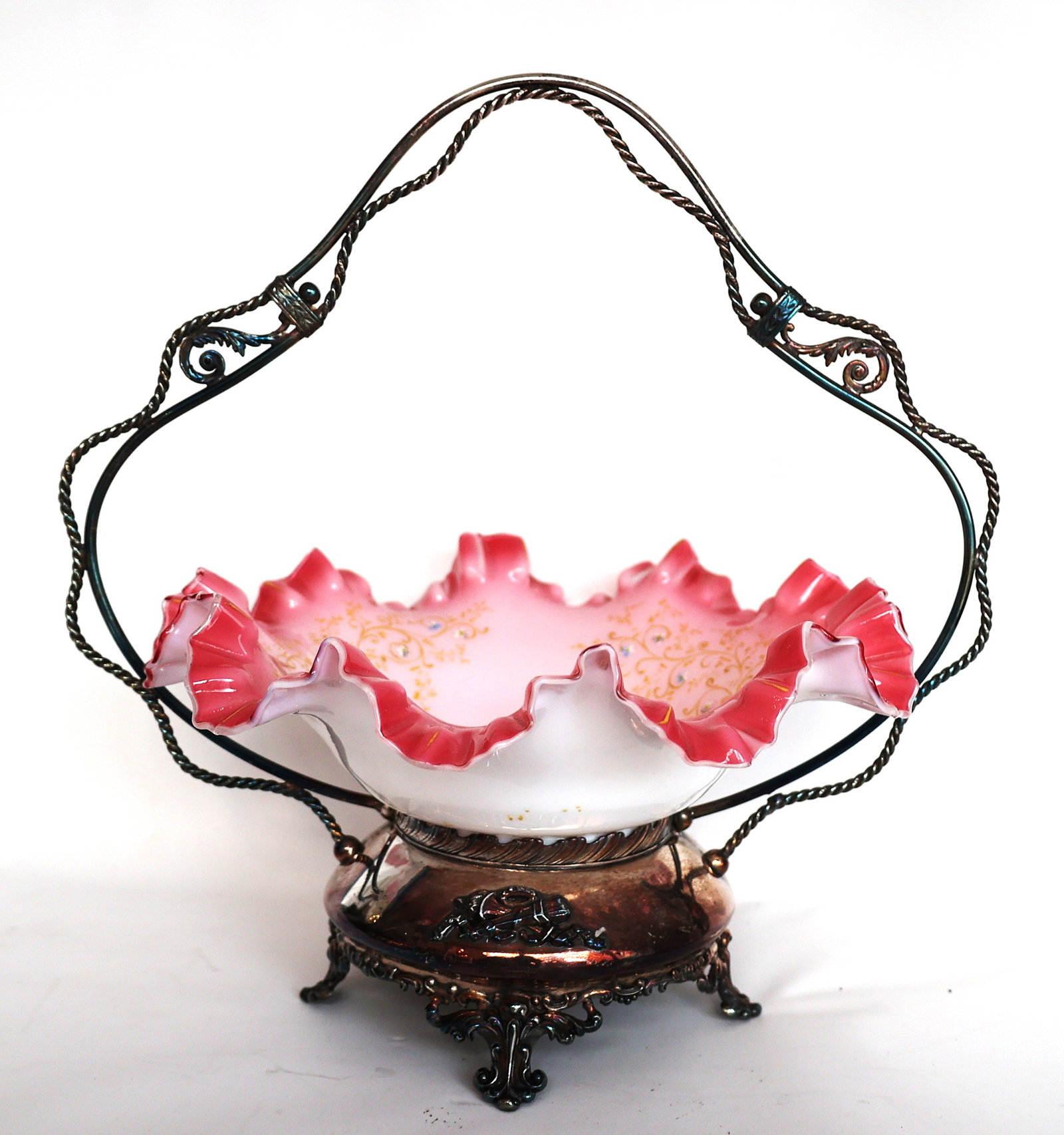 Victorian-era Bride's Basket featuring a pink-to-white cased glass bowl with a ruffled edge and a si (1 of 7)