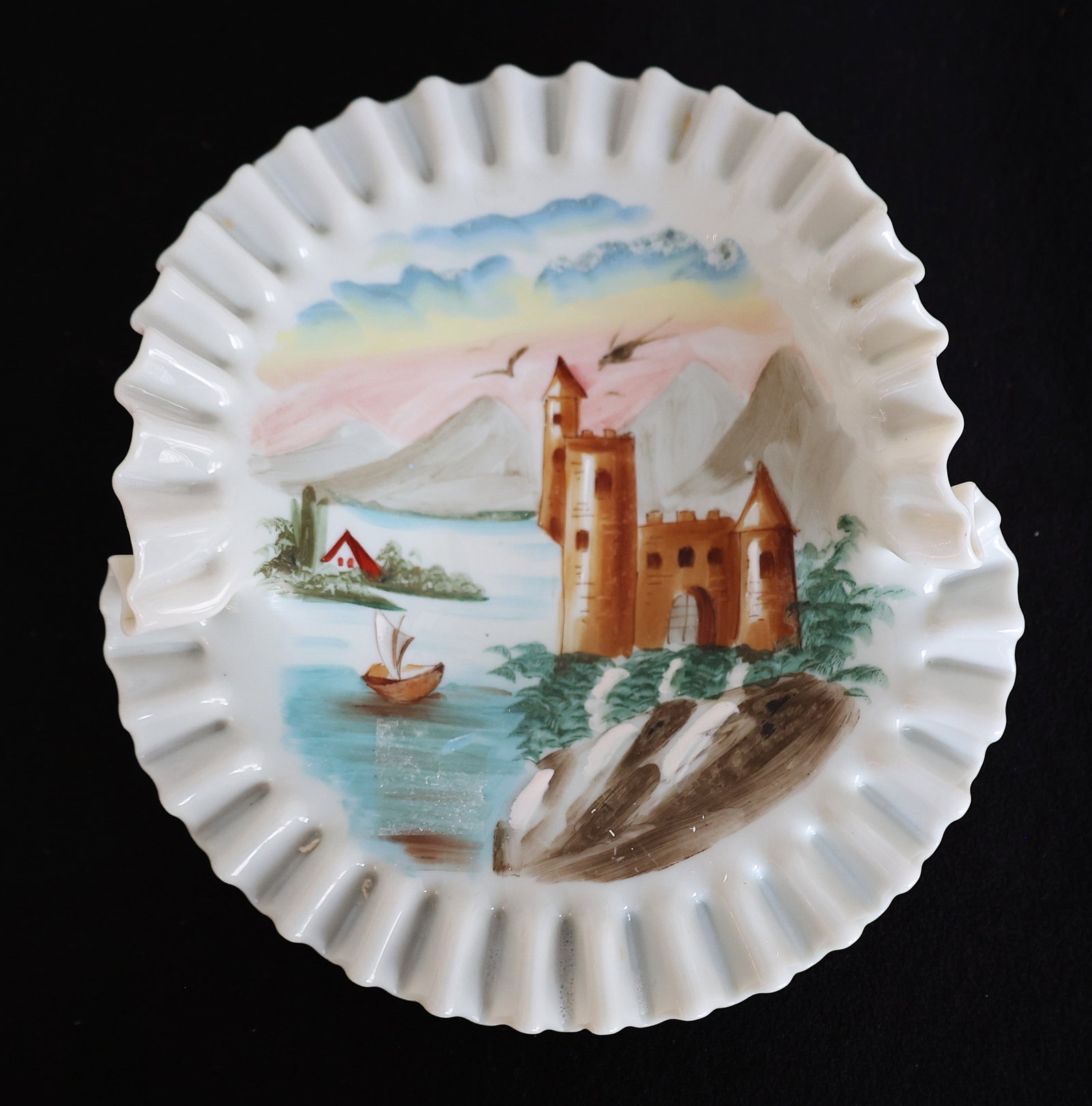1880s Bristol Glass Ruffled Rim Bowl with Hand Painting European Castle Scene (1 of 4)