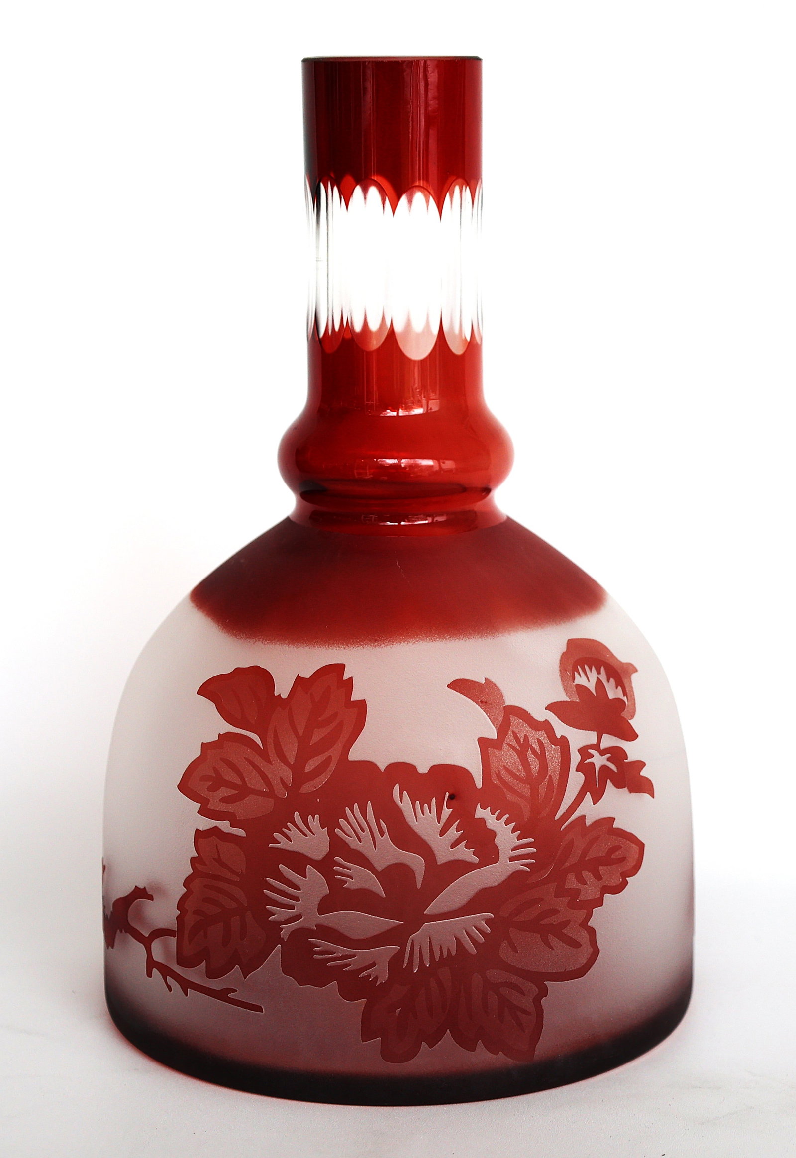 vintage Bohemian glass vase features ruby red glass cut to a frosted white finish with a floral desi (1 of 6)