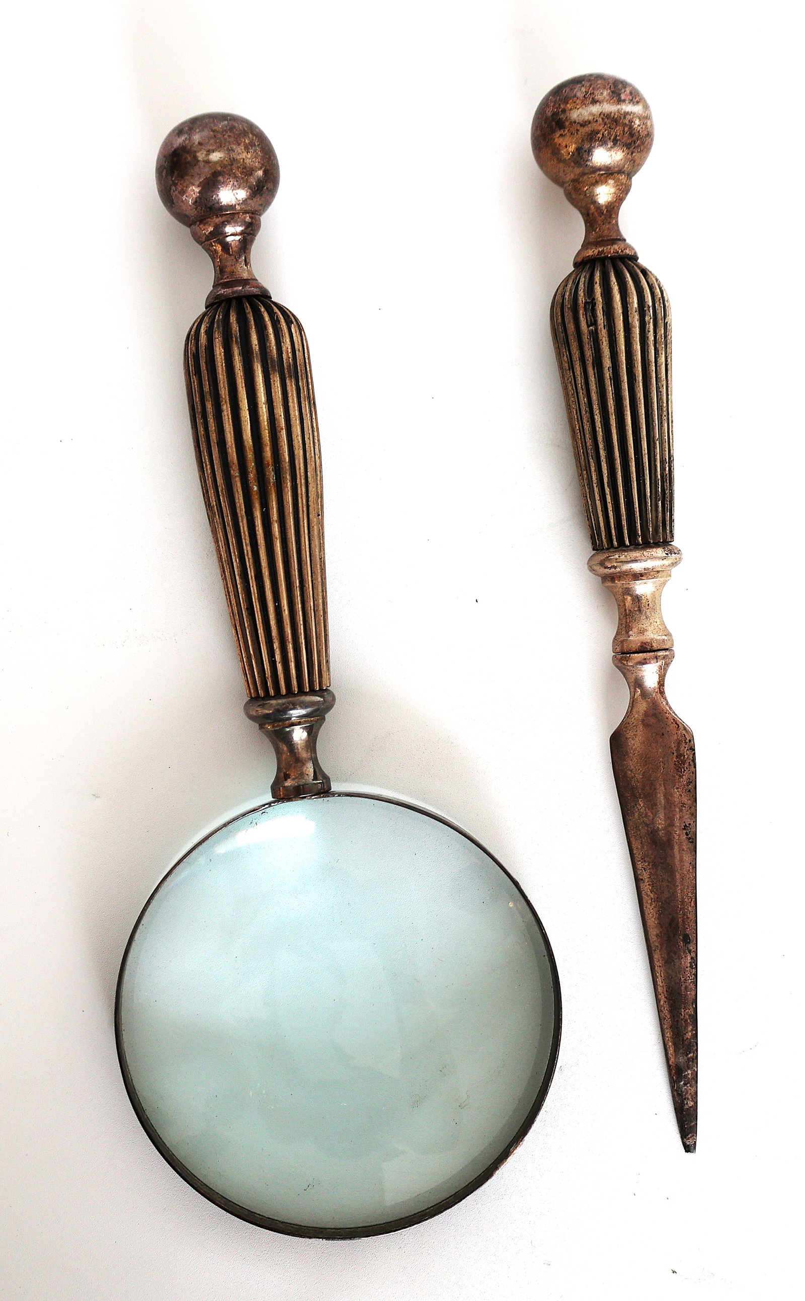 desk set features a magnifying glass and letter opener with ornate, ribbed Silver Plate handles (1 of 3)