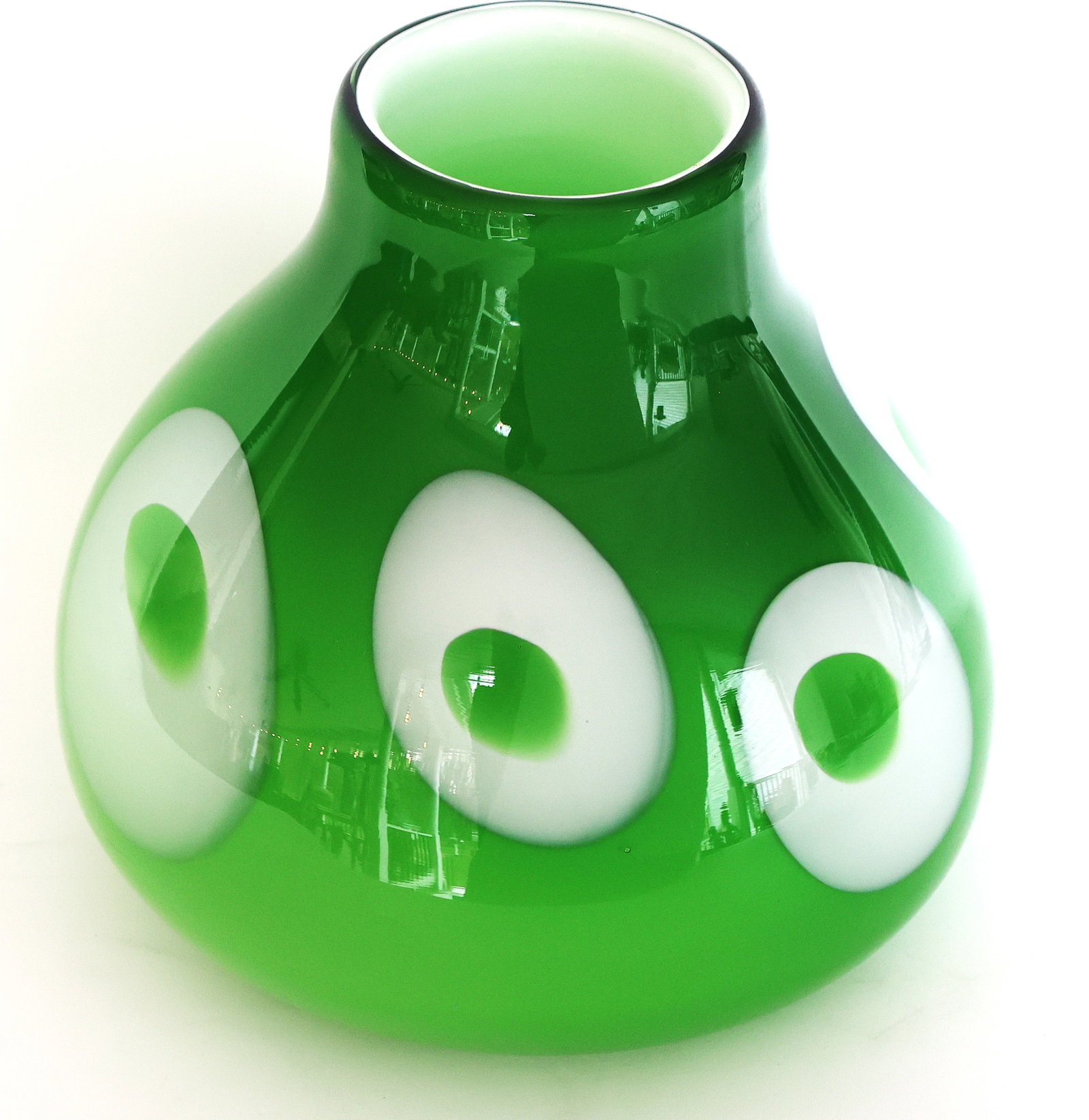 Modern Design vibrant green cased glass Vase with white circular accents (1 of 6)