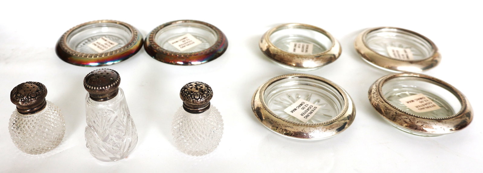 6 Sterling Rimmed Coasters, Sterling Top Glass Salt Shakers (1 of 3)
