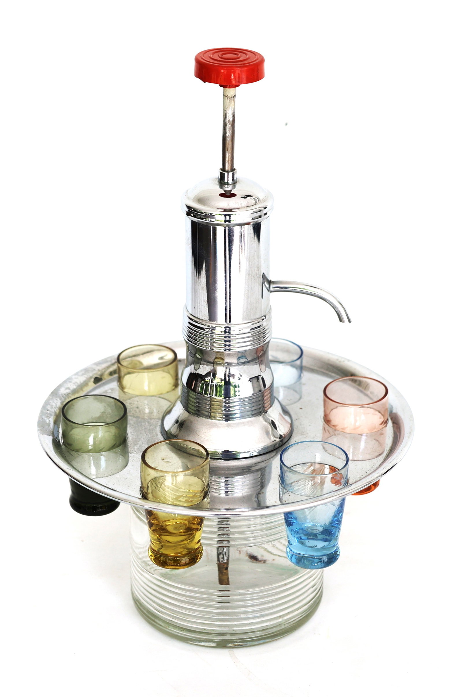 Art Deco Chrome Cocktail Dispenser with 6 Colored Glass Cordial Glasses in Holder (1 of 5)