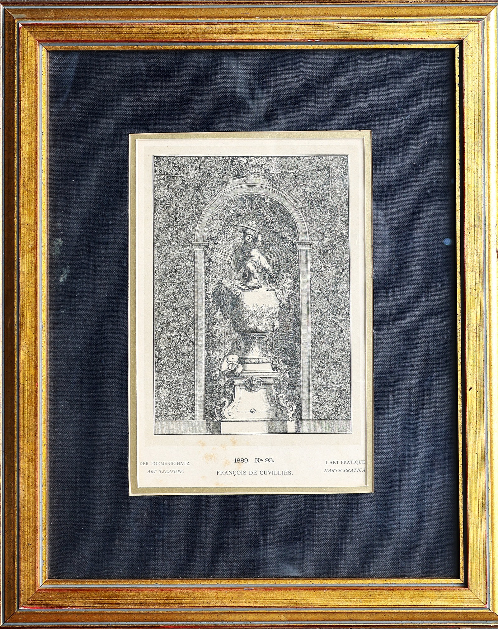 1889 Architectural Etching of an Ornate Pedestat Urn in Archway "1889 No. 93" Francois De Cuvillies,: 1889 Architectural Etching of an Ornate Pedestat Urn in Archway "1889 No. 93" Francois De Cuvillies, Framed. Size: Image 10 1/4 in. x 6 3/4 in. ; outer frame 18 3/4 in. x 15 1/4 in.