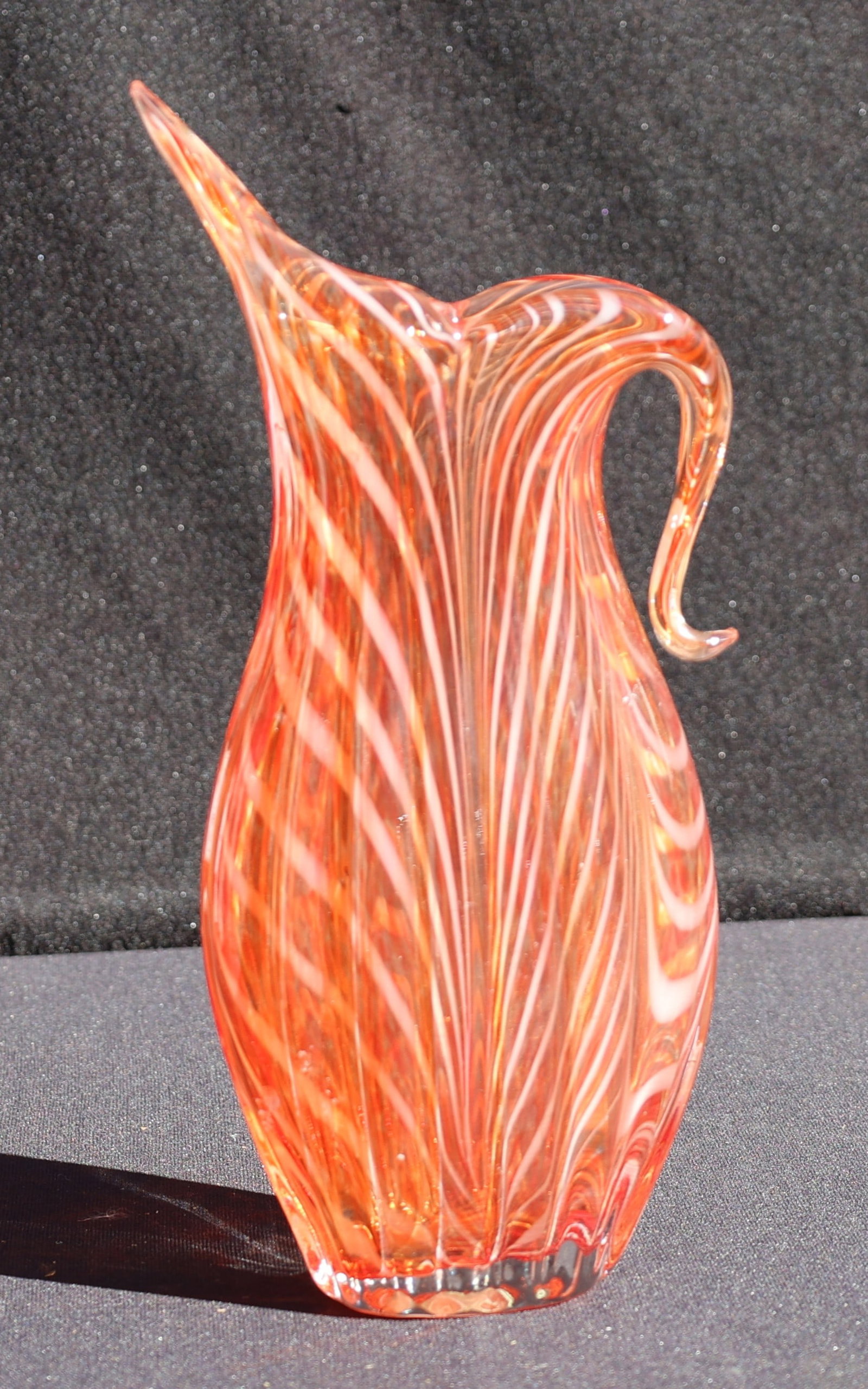 vintage Lefton art glass jug features a vibrant tangerine orange and white swirled pattern with a di (1 of 5)