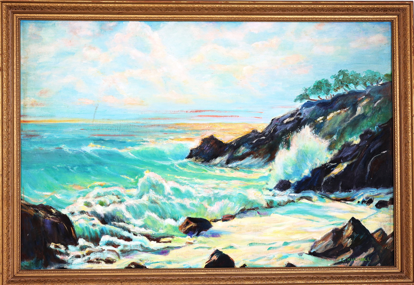 E Kuehnle, Vintage Oil on Board Painting Seacoast Waves on Rocky Coast, Framed; Size: image 24 inche (1 of 4)
