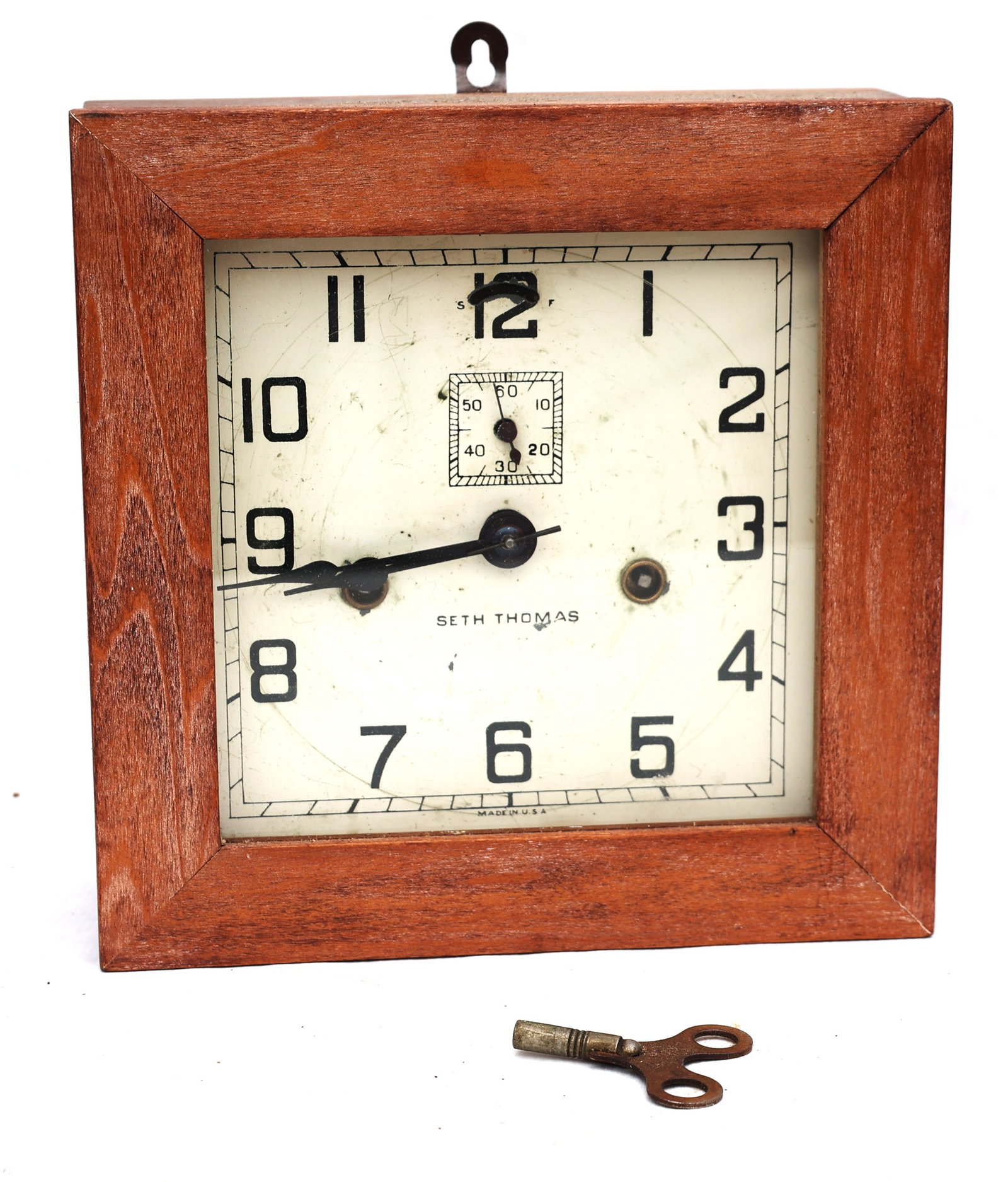 vintage Seth Thomas square wooden wall clock, likely from the early to mid-20th century.It features (1 of 6)
