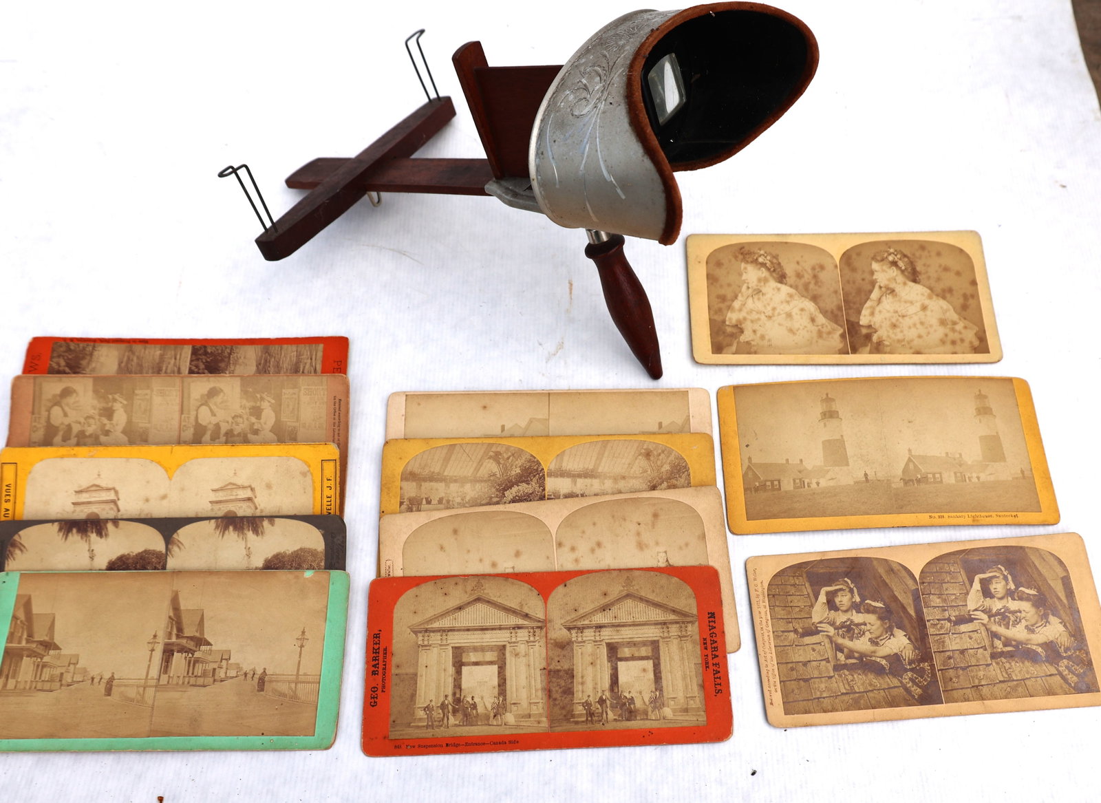 antique set features a wooden and etched metal stereoscope viewer used for viewing 3D images.It incl (1 of 5)