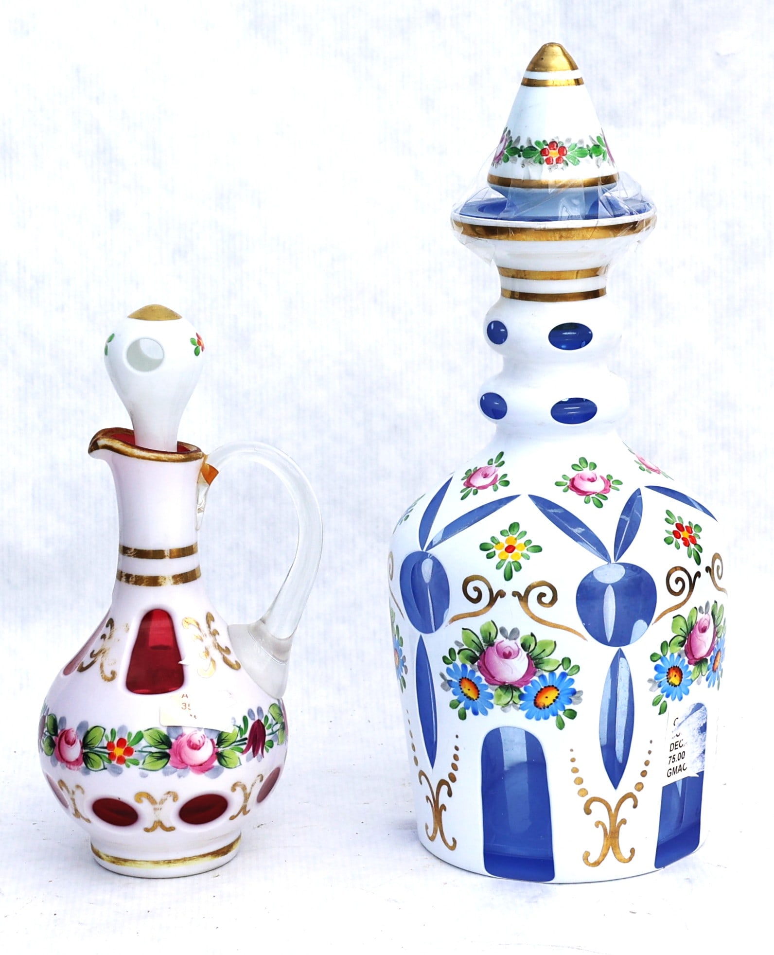 2 vintage Bohemian cased glass pieces, featuring white glass overlaid on colored glass. (1 of 3)