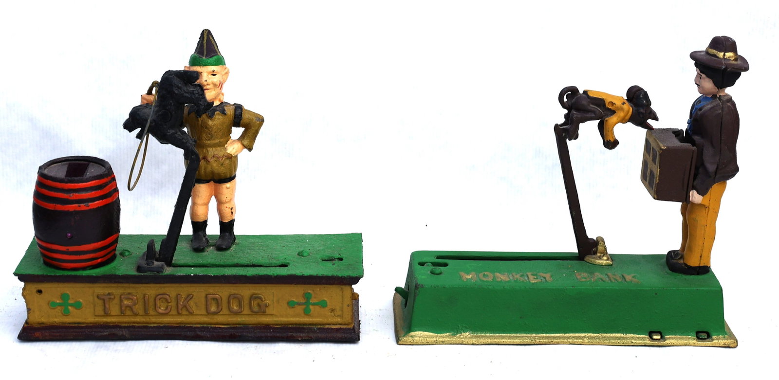 2 Novelty Cast Iron Mechanical Banks "Trick Dog" and "Monkey Bank" in Original Paint Finish (1 of 5)