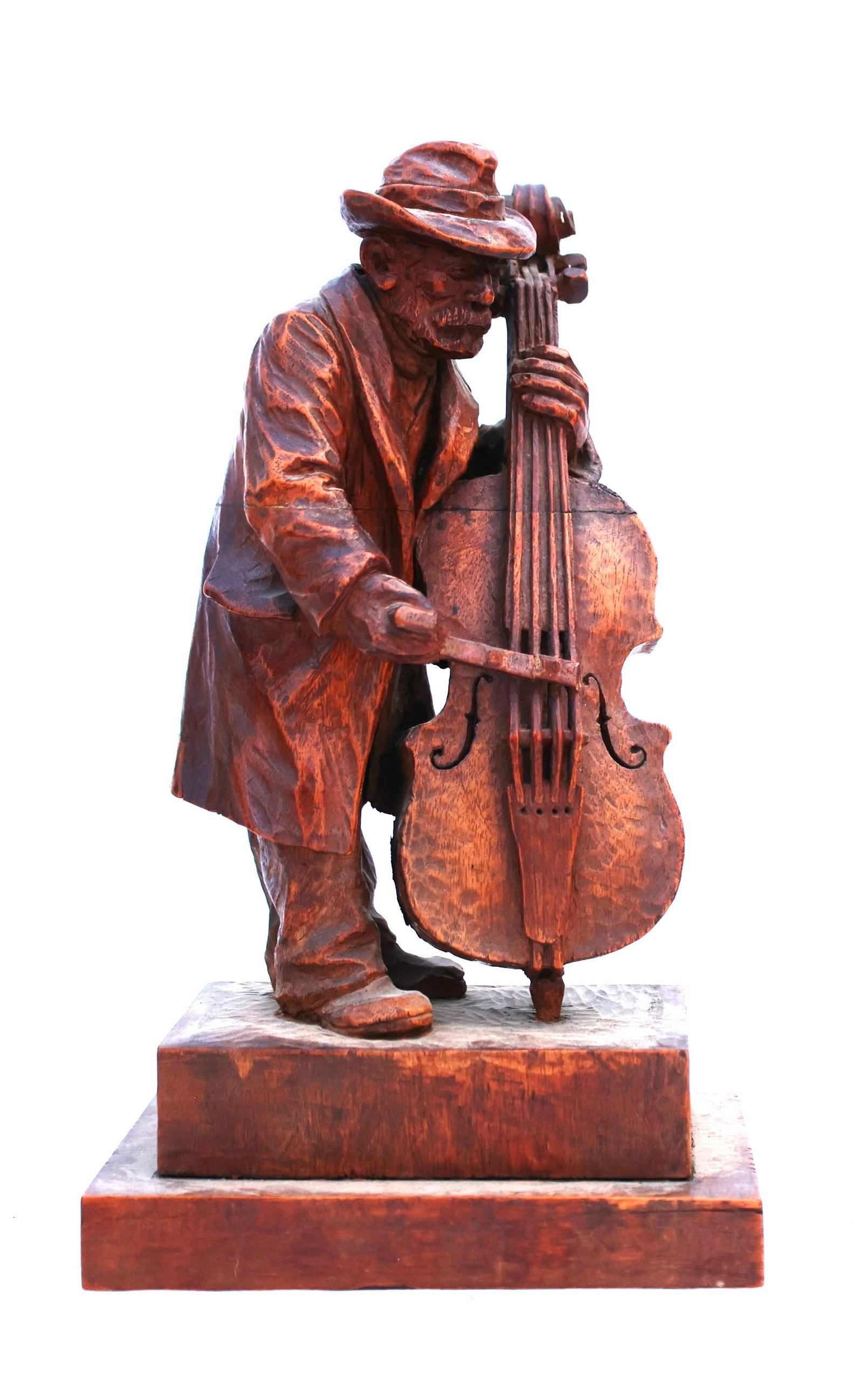 Signed ZODDAC vintage wooden sculpture of a musician playing a double bass: Size: 11 1/4 in. height x 6 1/2 in. wide x 4 1/2 in. depth; Signed ZODDAC vintage wooden sculpture of a musician playing a double bass