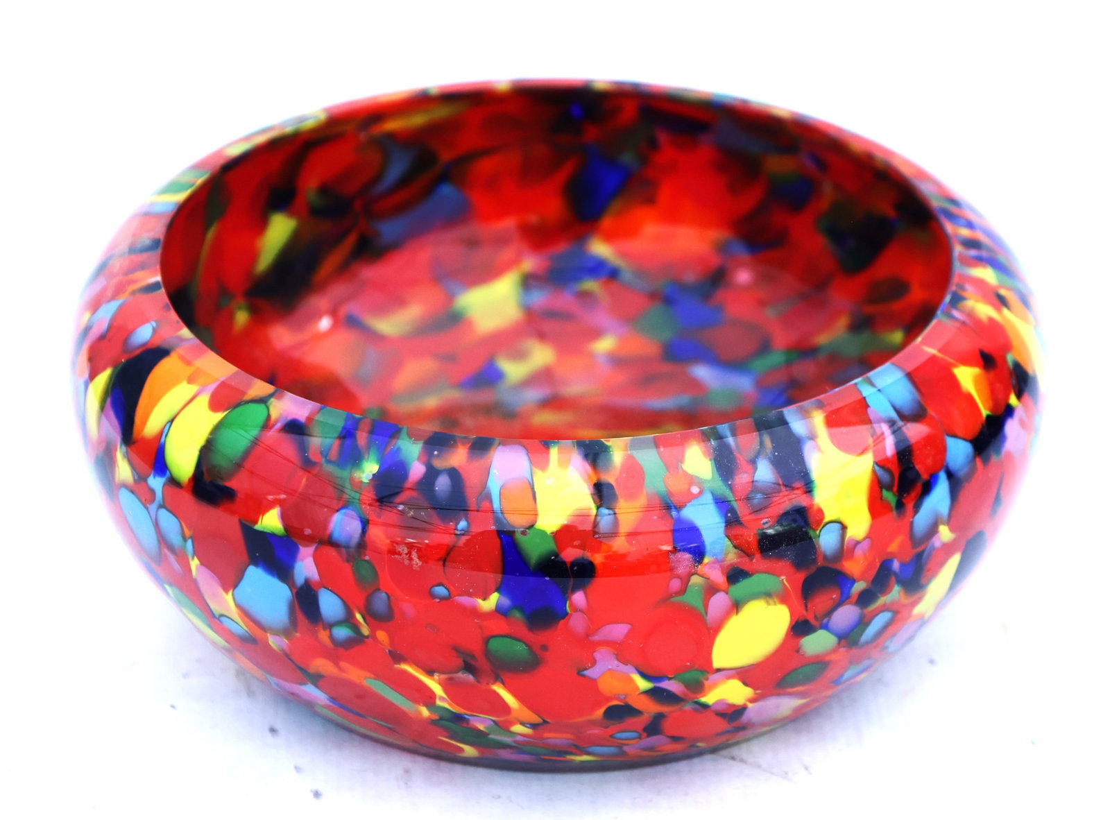 hand-blown rainbow fruit bowl features vibrant, multicolor confetti speckles throughout the red glas (1 of 5)