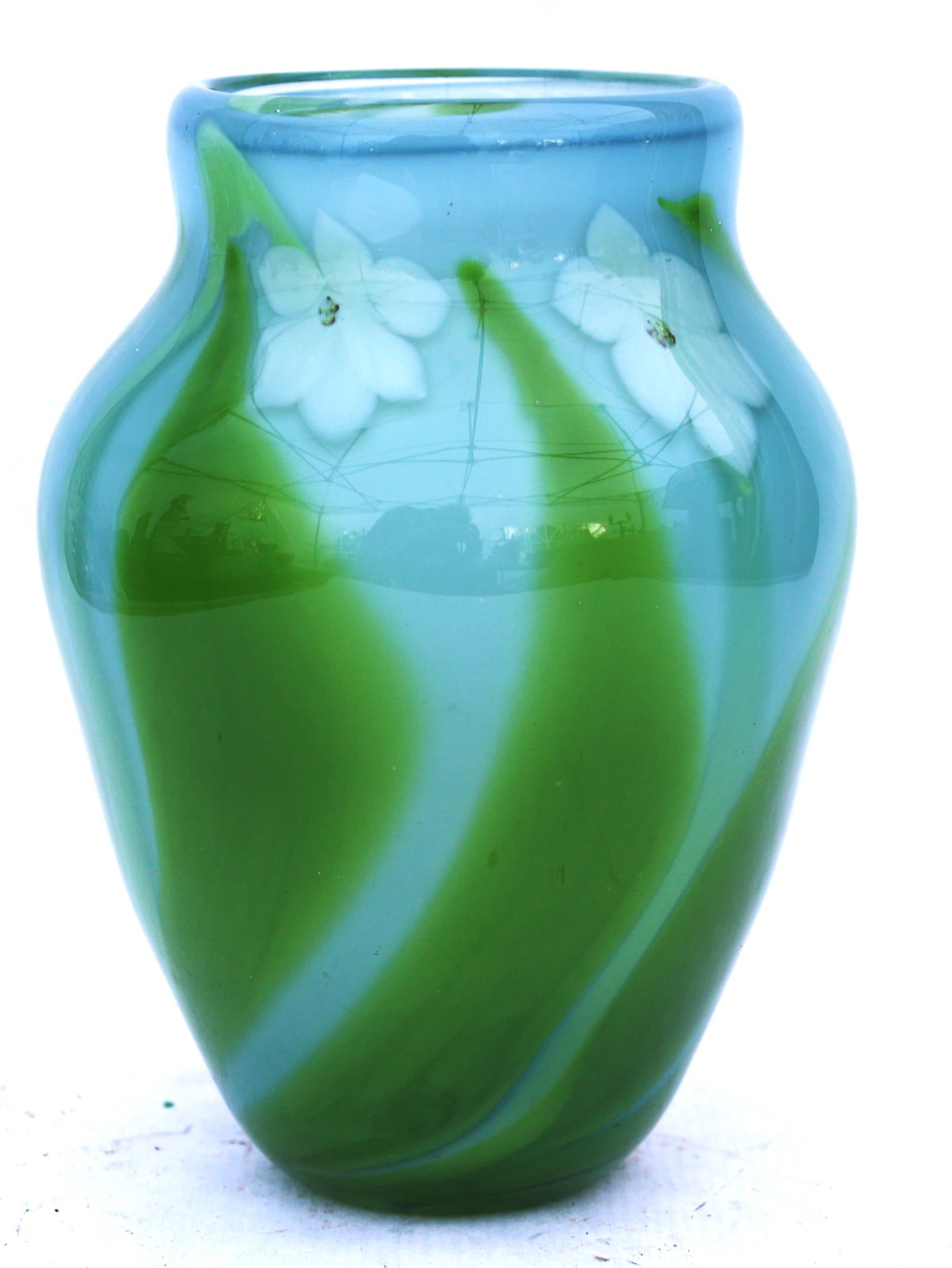 Orient & Flume art glass vase features a vibrant blue background with green swirling foliage and wh (1 of 5)