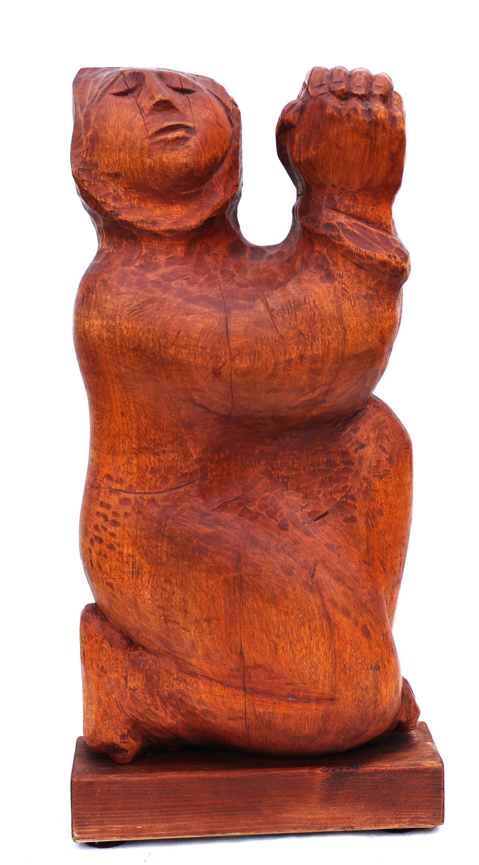 mid-century modernist wood carving, potentially similar in style to works by Mexican artist Jose Pi: Size: 17 1/4 in. height , 8 1/2 in. wide, 3 in. depth; mid-century modernist wood carving, potentially similar in style to works by Mexican artist Jose Pinal.The sculpture depicts a stylized kneeling