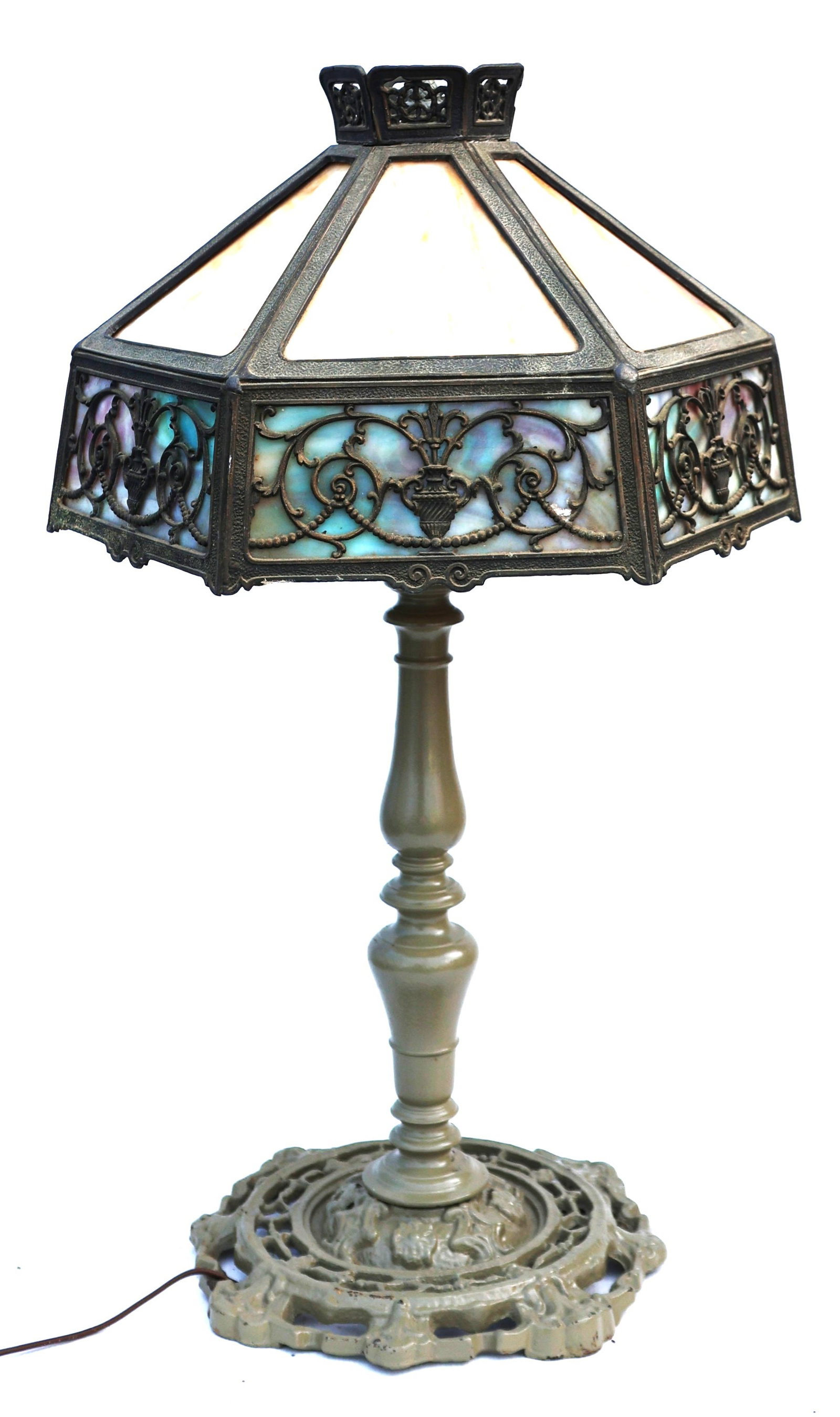 Vintage Slag Glass hexagonal shade table lamp with a decorative metal overlay: Size: 24 inches height, 12 1/2 in. diameter shade ; Vintage Slag Glass hexagonal shade table lamp with a decorative metal overlay