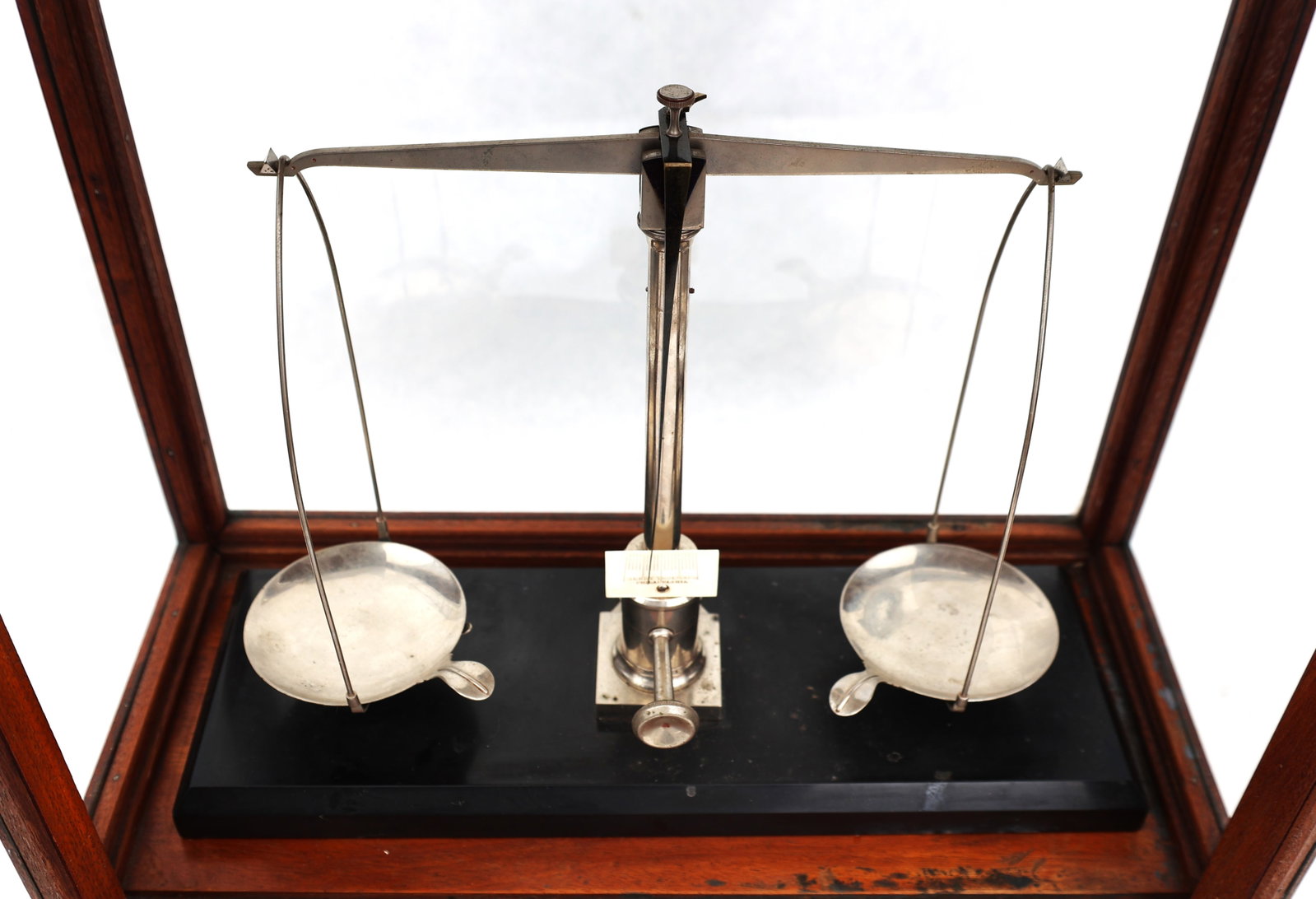 antique mahogany-cased balance scale features a vertical sliding glass door and a lower storage draw - 10
