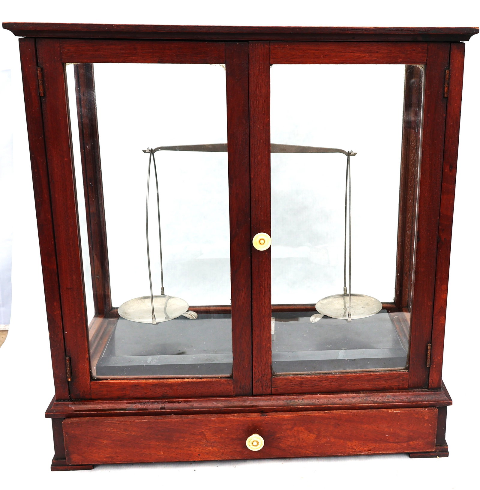 antique mahogany-cased balance scale features a vertical sliding glass door and a lower storage draw (1 of 10)
