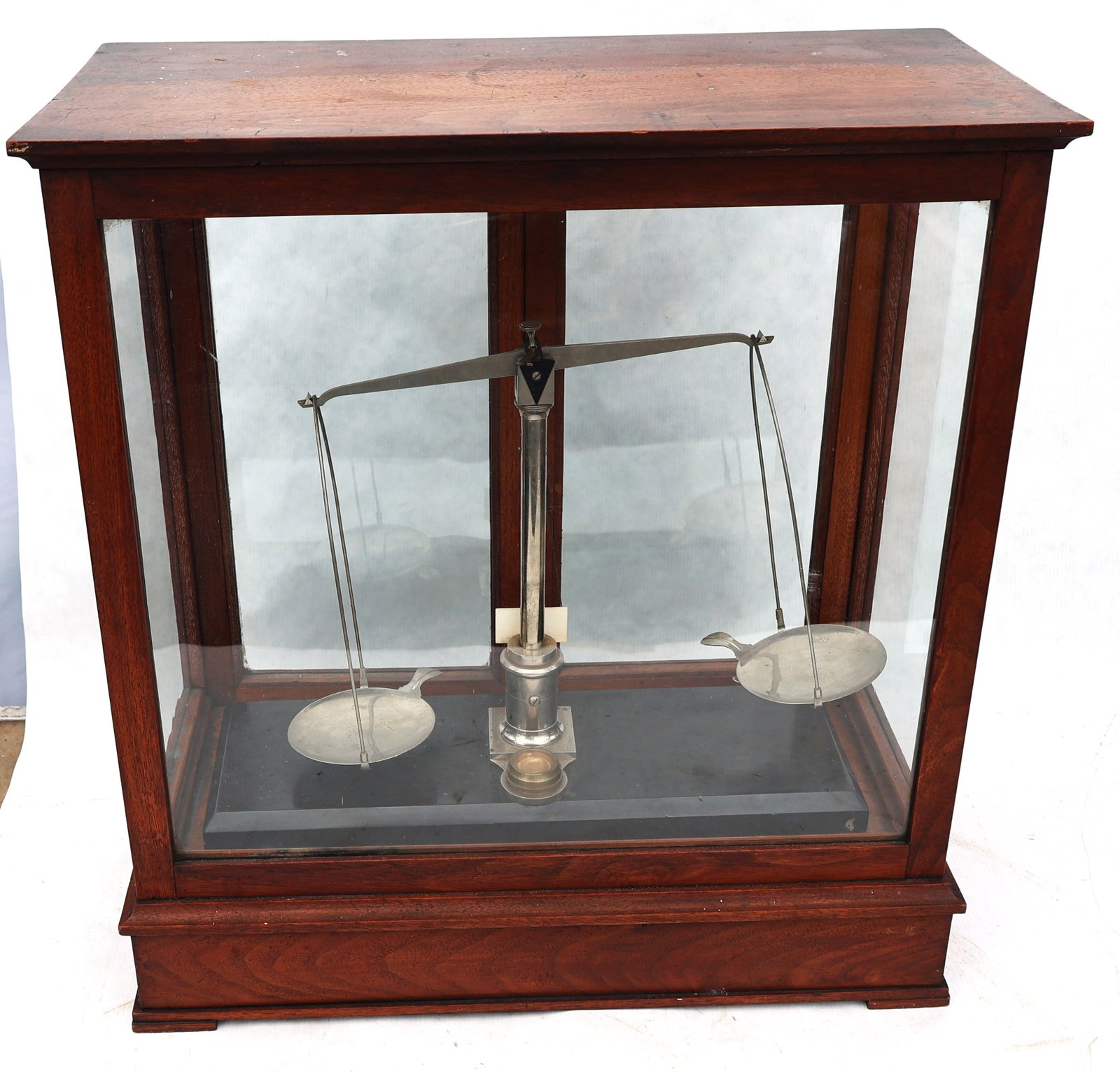 antique mahogany-cased balance scale features a vertical sliding glass door and a lower storage draw - 8