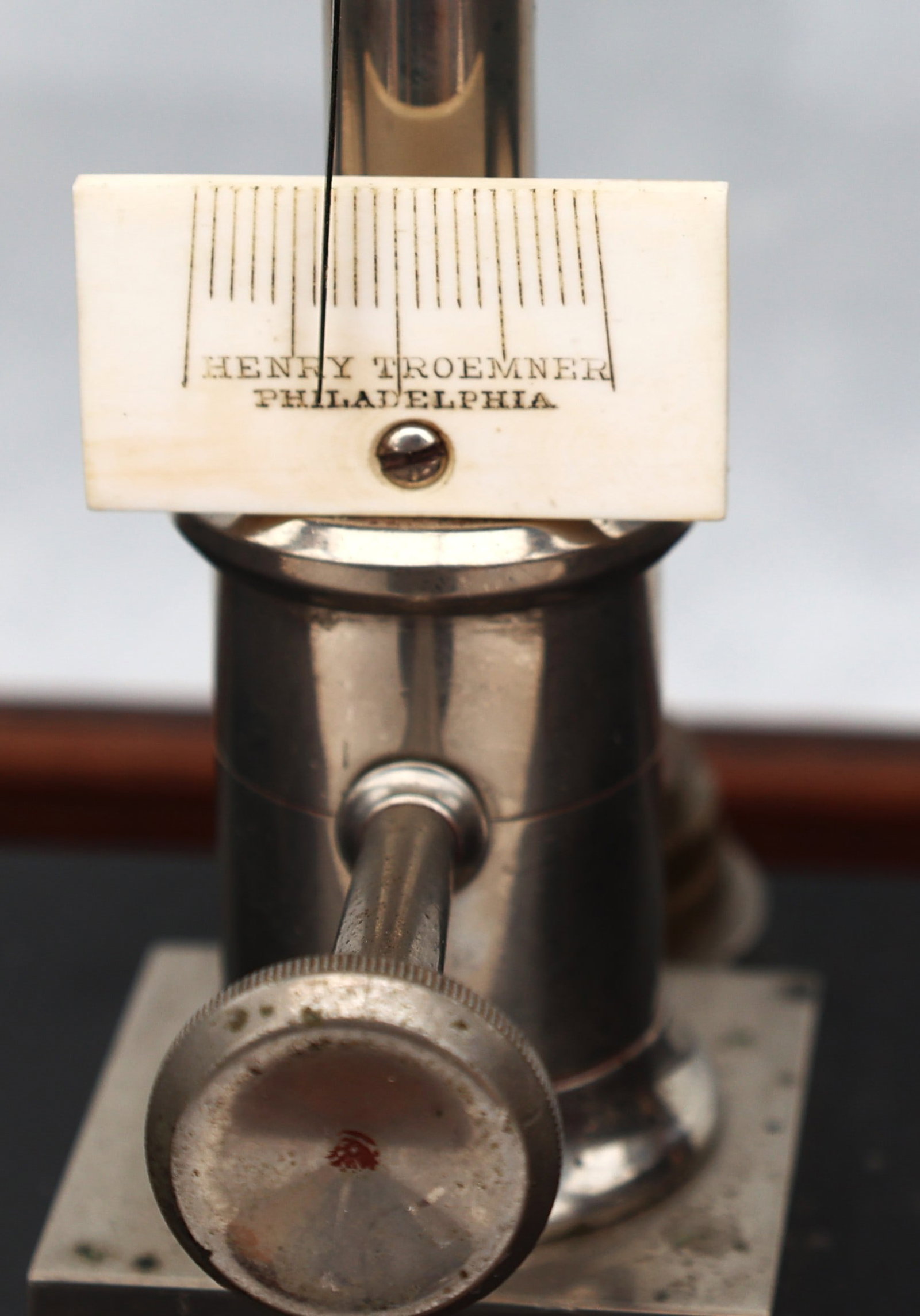 antique mahogany-cased balance scale features a vertical sliding glass door and a lower storage draw - 9
