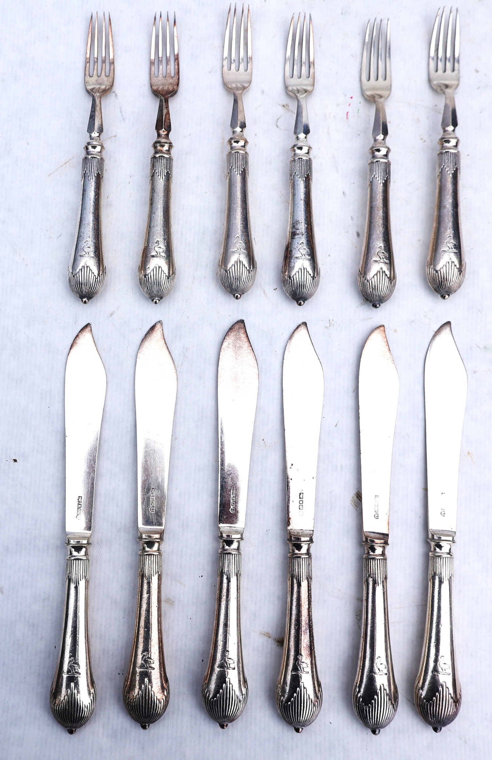 12 Piece Flatware Set antique German Art Nouveau fish cutlery set, Hall Marked Silver (1 of 8)