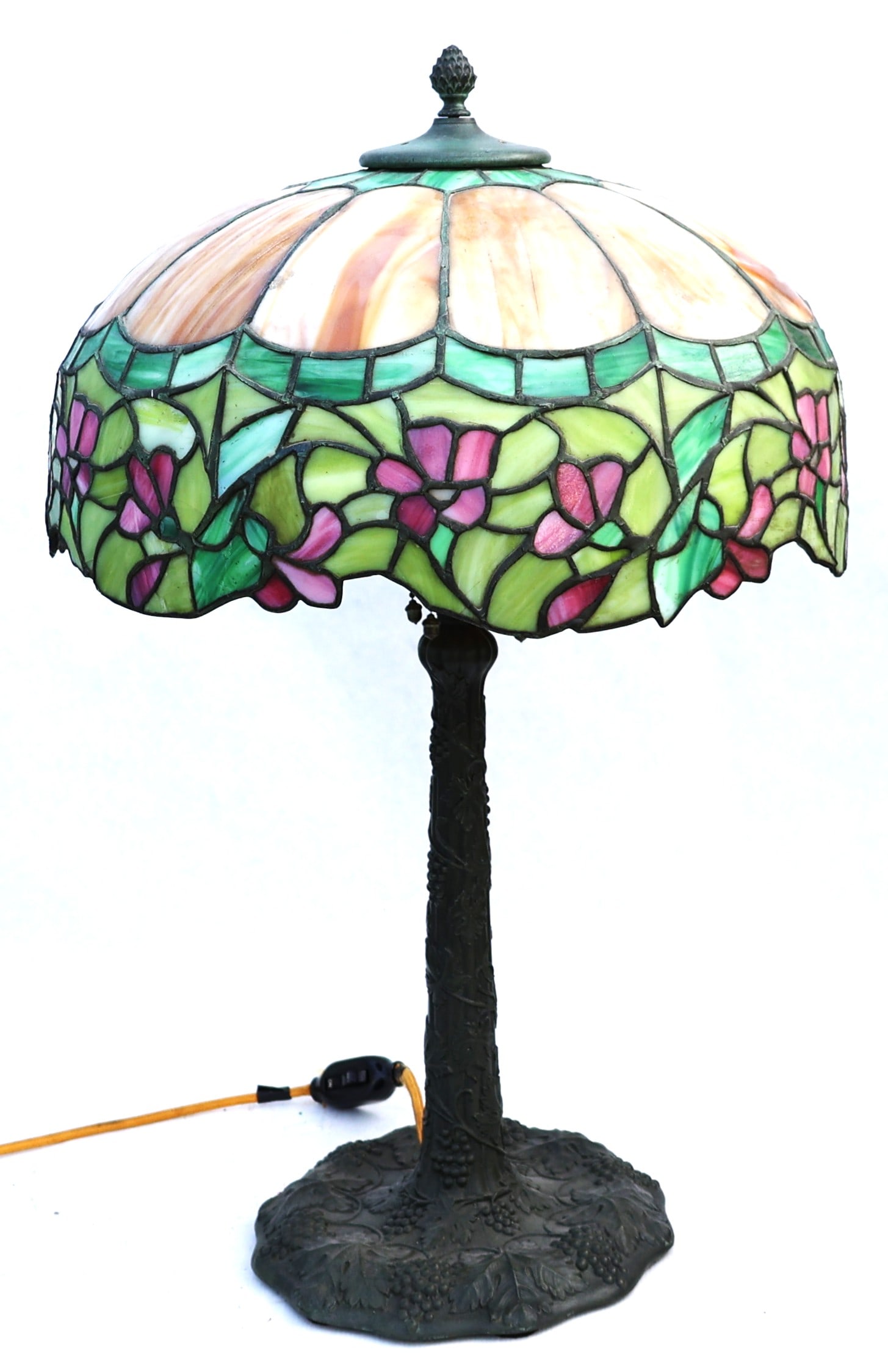 Tiffany Style Cabbage Rose Table Lamp, featuring a green and pink floral stained glass shade (1 of 15)