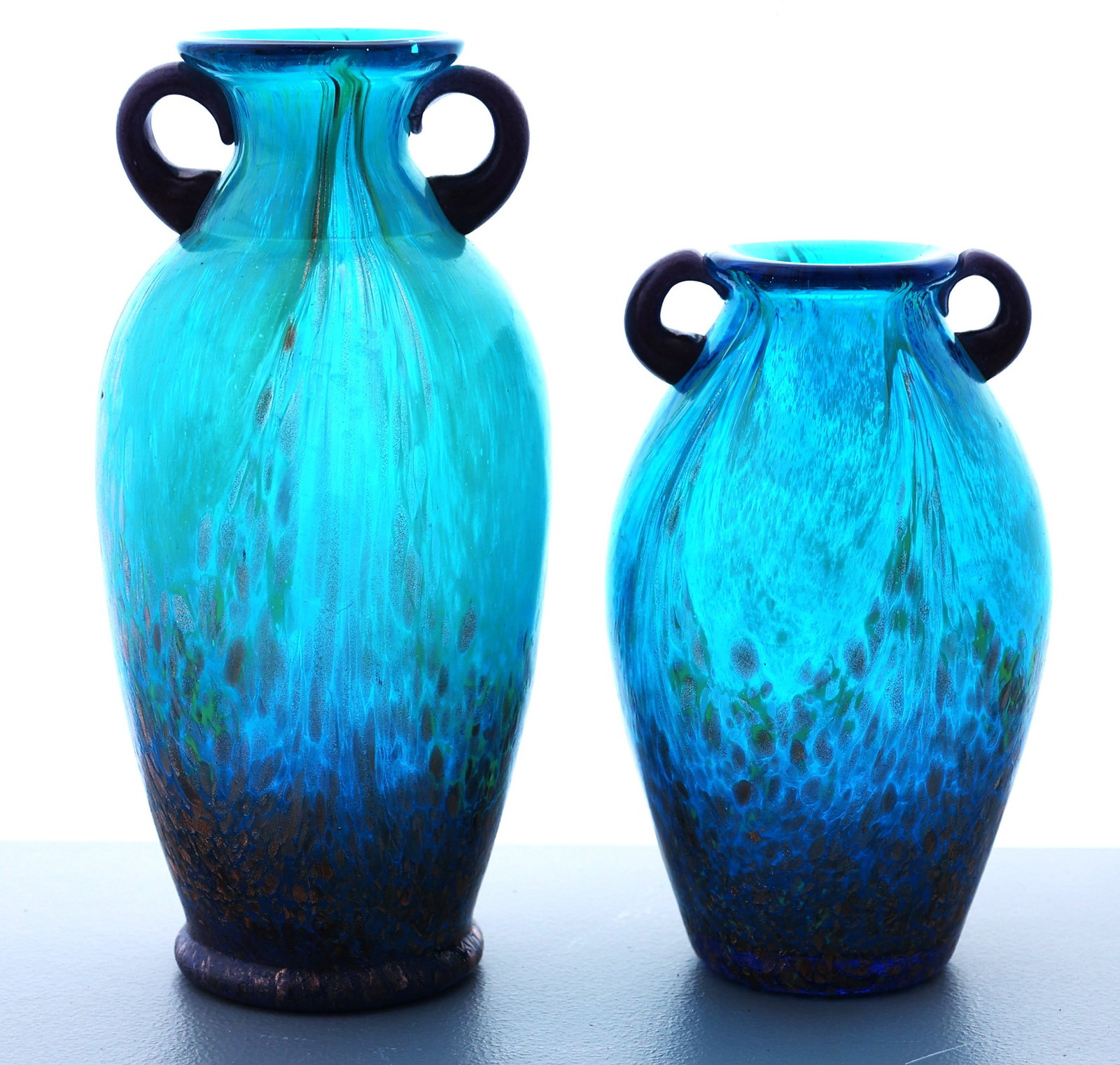 2 Dale Tiffany Art Glass Vases, Blue with Gold Dust Accents, 10 in. height and 7.5 in. height (1 of 5)