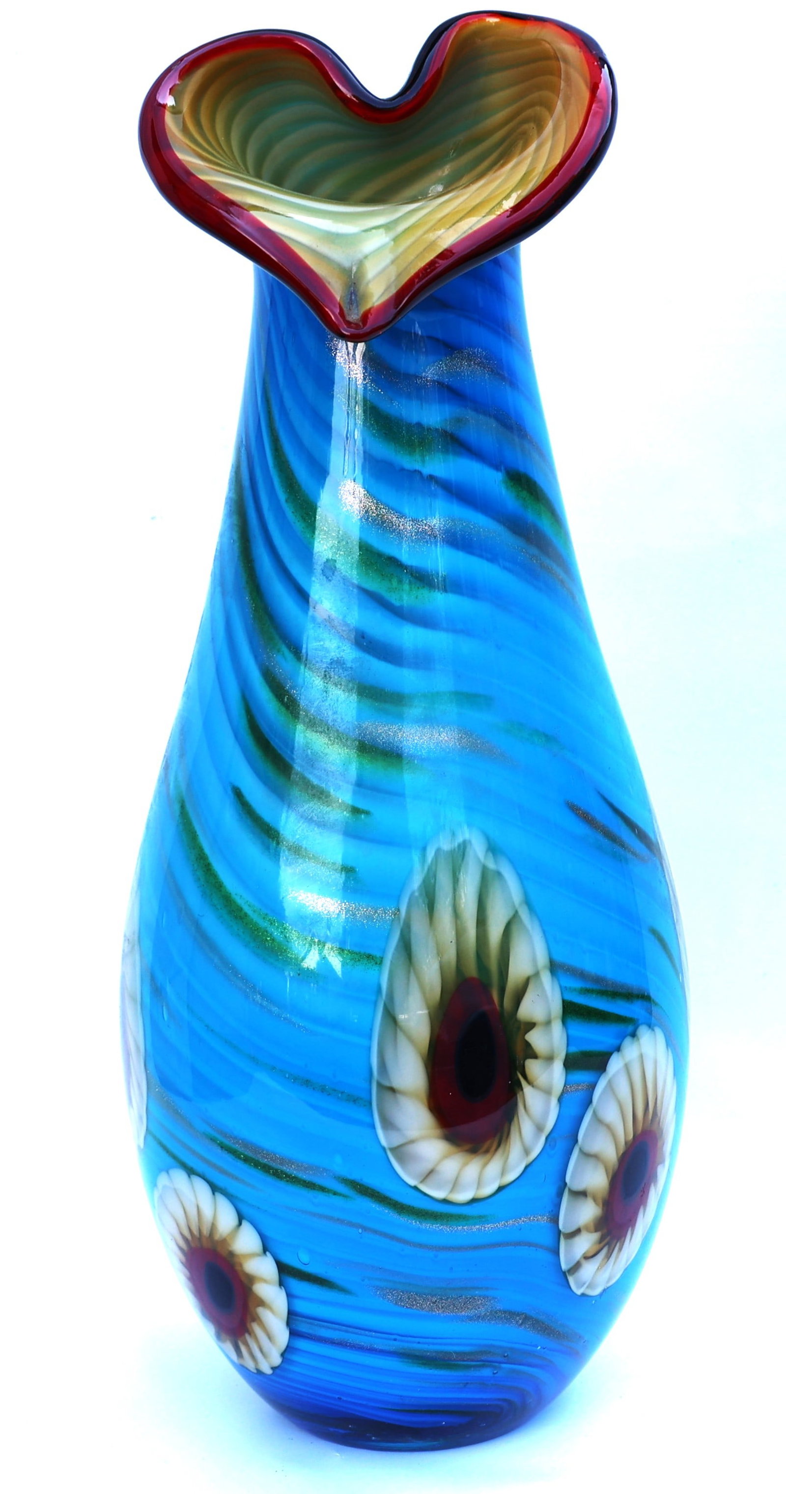 Murano-style art glass vase features a vibrant blue swirl design with a distinctive heart-shaped li: Size: 19 inches height , 6 in. top, 7 in. bulbous. ; Murano-style art glass vase features a vibrant blue swirl design with a distinctive heart-shaped lip