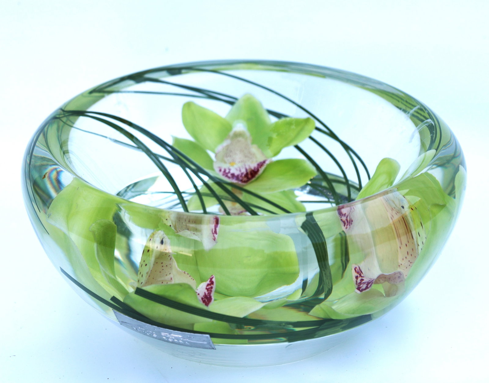 Emilio Robba Green Cymbidium Orchid Flower Bowl featuring artificial flowers set in clear resin illu: Size: 4.5 inches height , 10 inches wide ; Emilio Robba Green Cymbidium Orchid Flower Bowl featuring artificial flowers set in clear resin illusion water