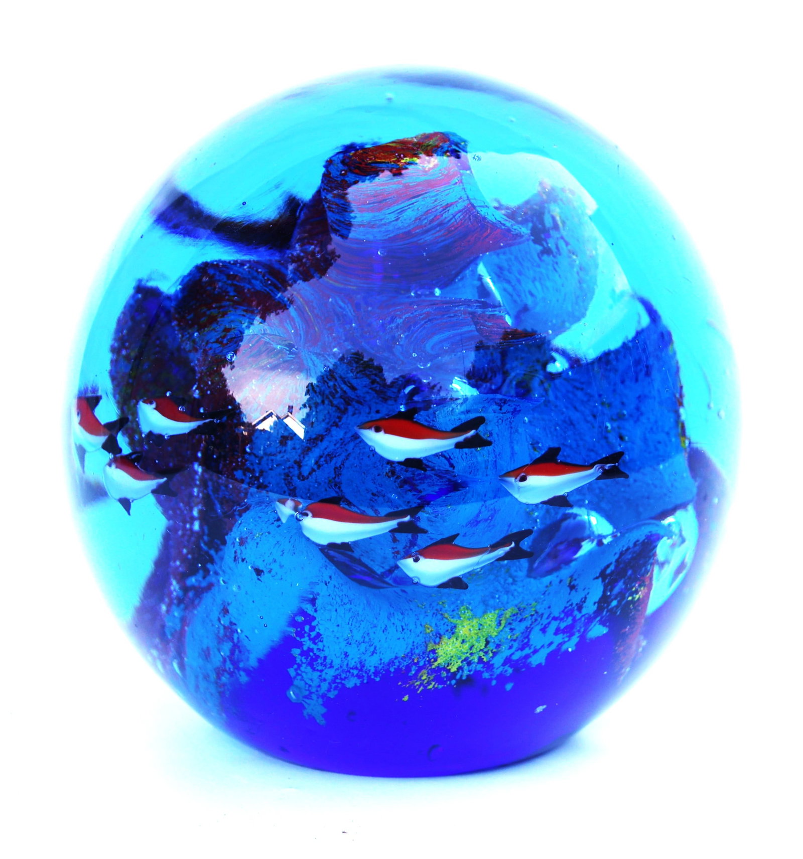 Murano-style art glass paperweight features hand-blown red and white fish swimming in a vibrant blue (1 of 12)