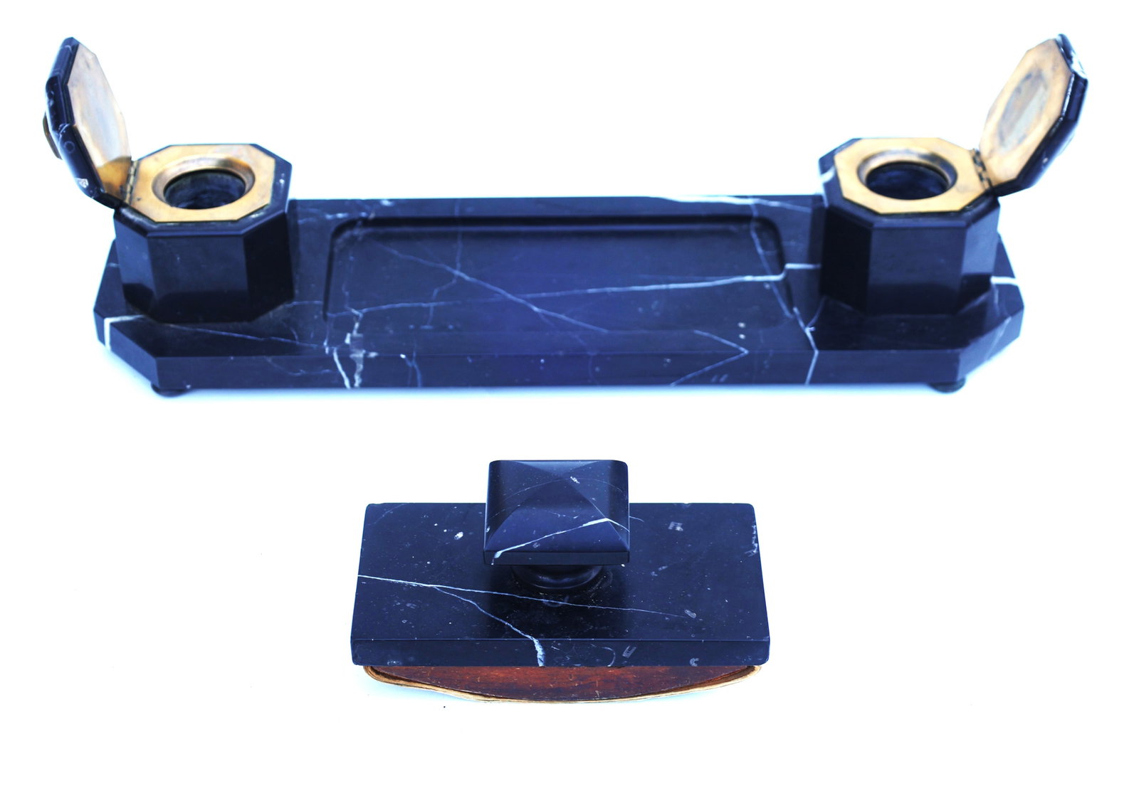 Art Deco era inkwell desk set, typically crafted from black marble.The set features brass-mounted hi (1 of 7)