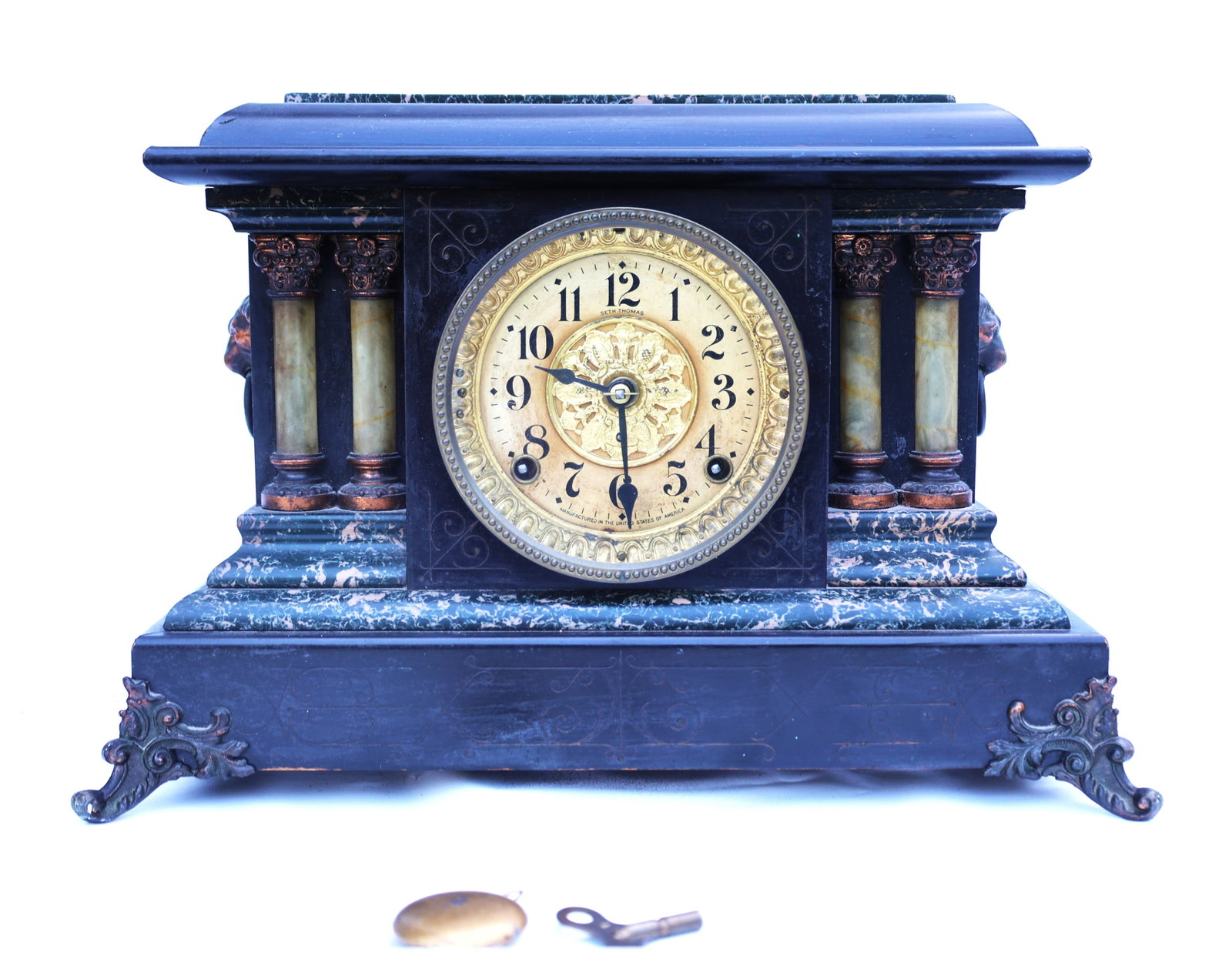 antique Seth Thomas mantel clock featuring a black Adamantine veneer finish, commonly produced in t (1 of 11)