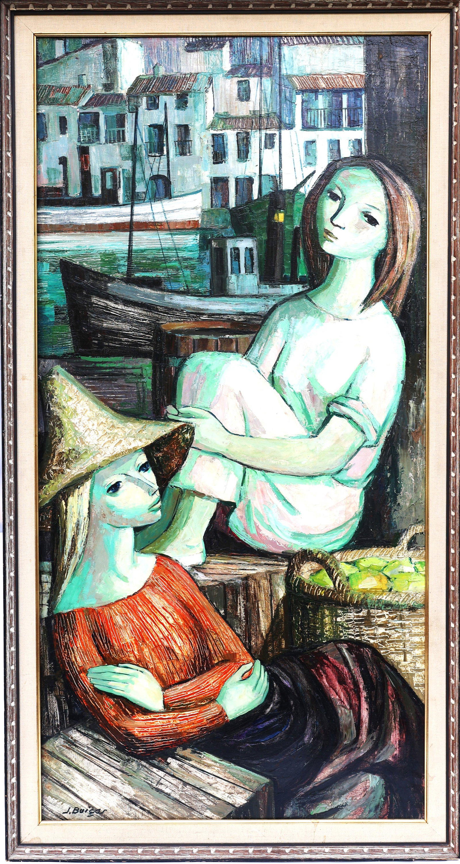 Spanish artist Jose Buigas (born 1927), Oil Painting 2 Gilrls in Window Overlooking Harbor (1 of 9)
