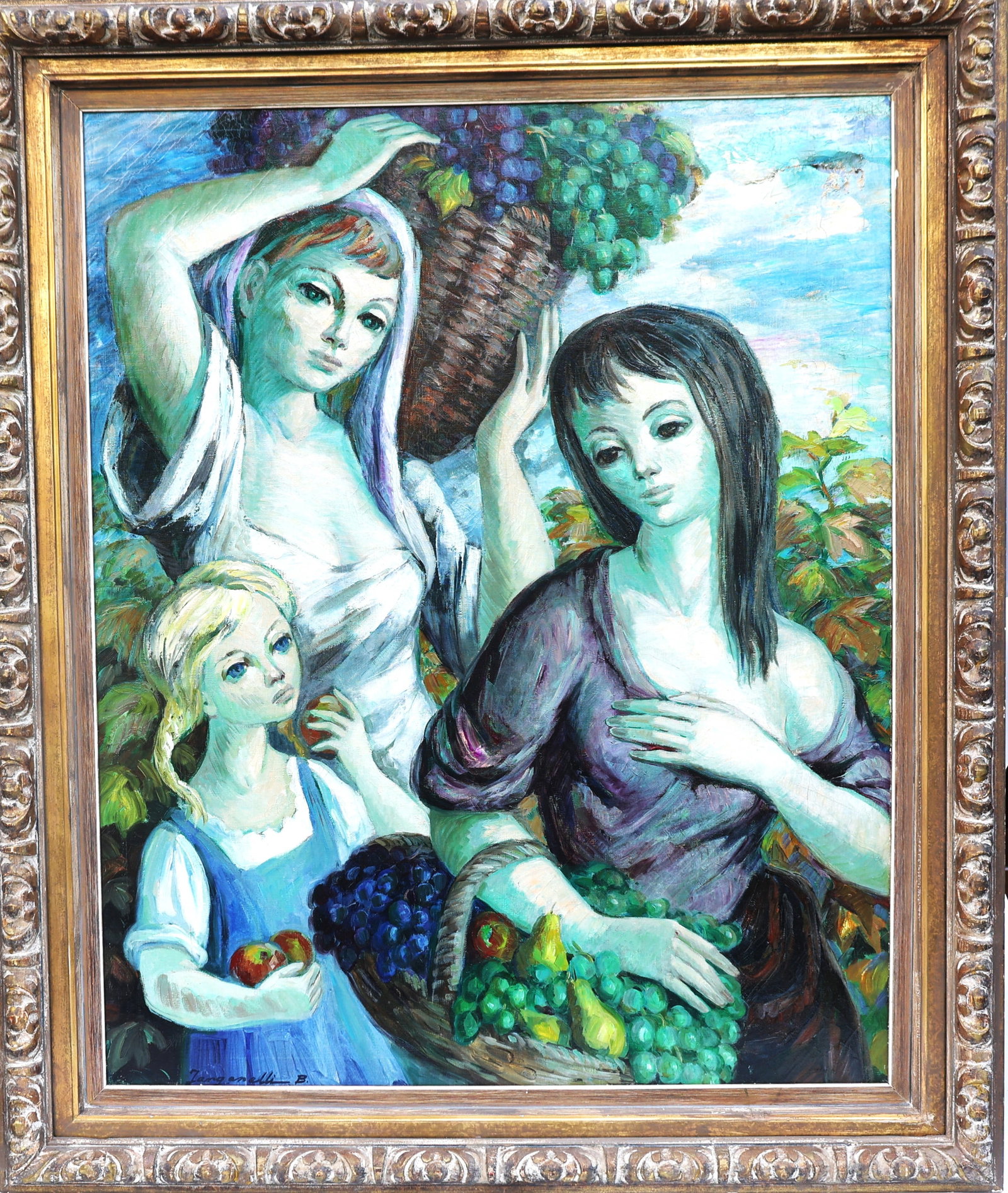 oil painting by Josefina Tanganelli Plana (Spanish, 1904–1968) depicts a pastoral harvest scene: Size: image 38 1/2 in. x 31 1/4 in.; outer frame 46 in. x 39 in.; oil painting by Josefina Tanganelli Plana (Spanish, 1904–1968) depicts a pastoral harvest scene with vibrant green skin tones and a 