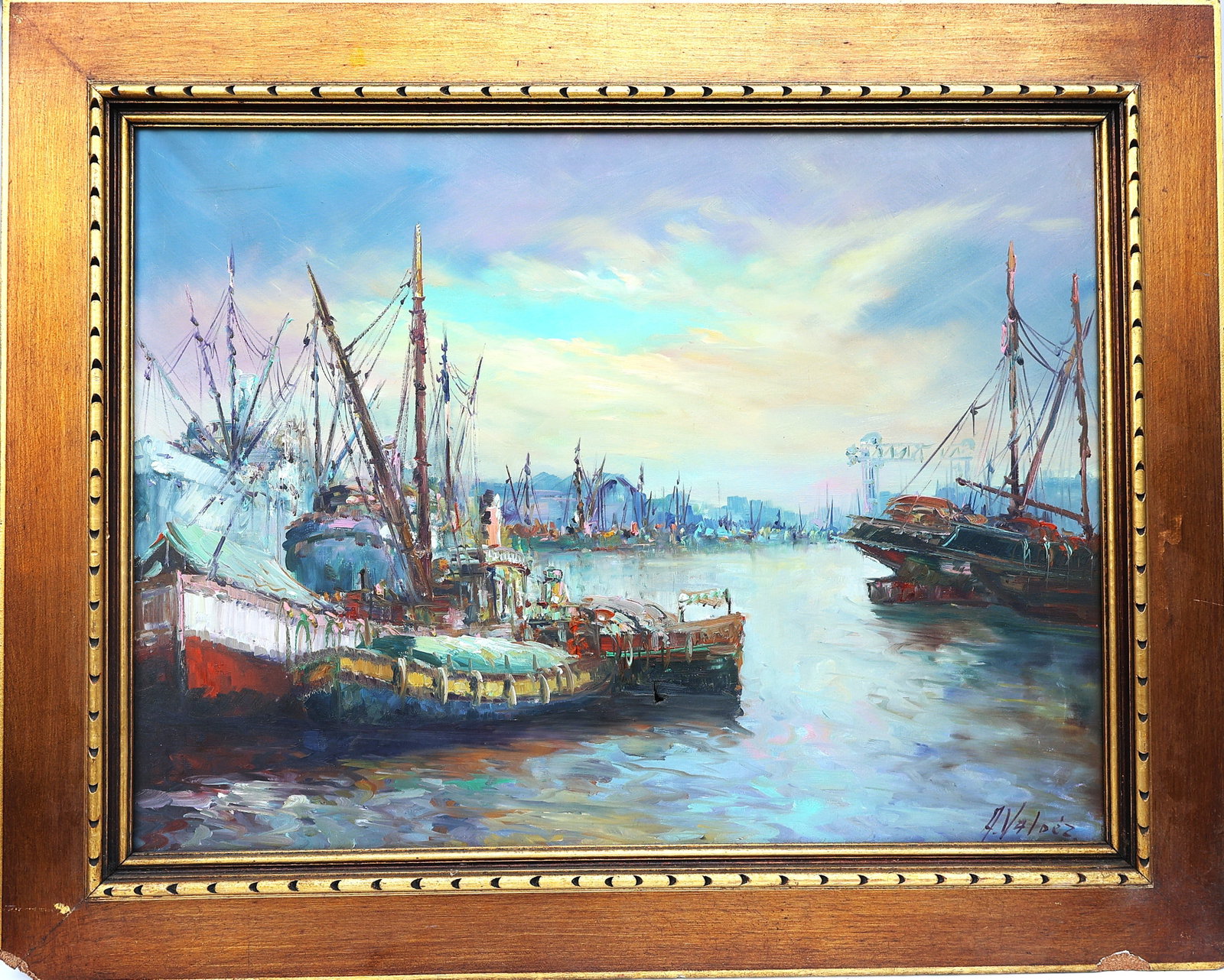 Signed A Valdez, busy port scene filled with fishing boats, Oil on Canvas Painting (1 of 8)