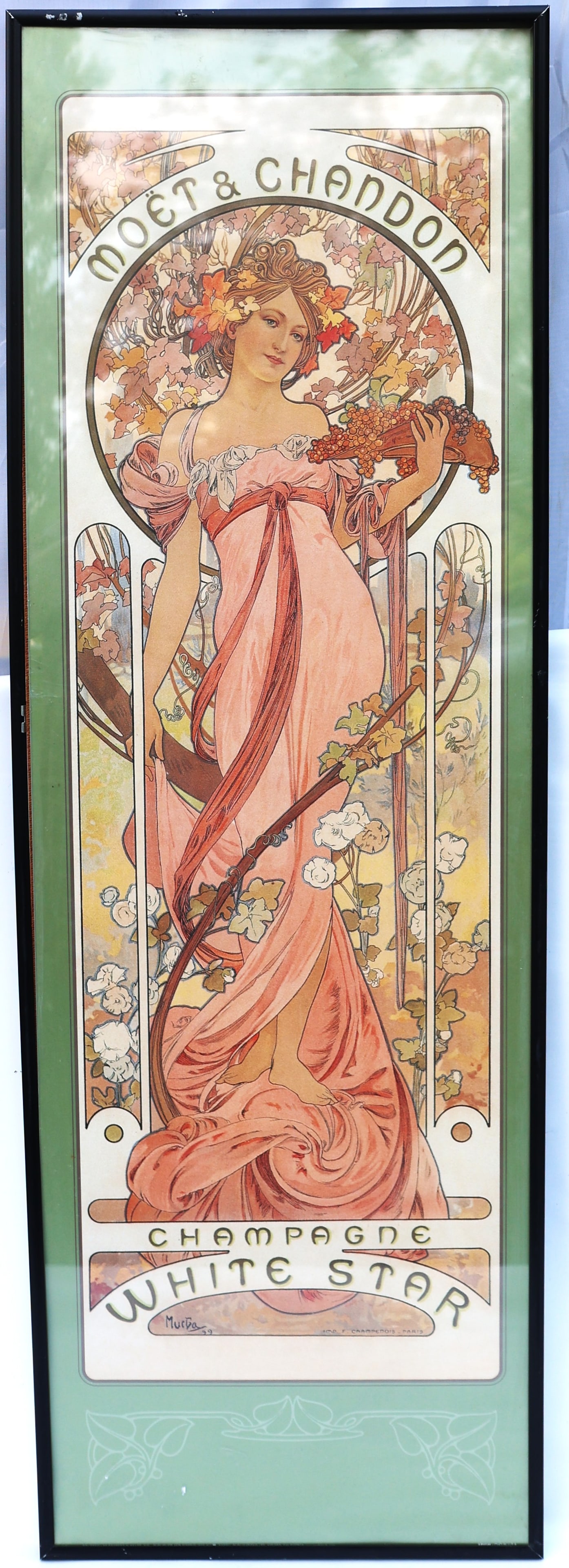 framed Art Nouveau lithograph is "Moët & Chandon: Champagne White Star" by Alphonse Mucha,: Size: image 10 in. x 30 in.; outer frame 12 1/4 in. x 36 1/4 in.; framed Art Nouveau lithograph is "Moët & Chandon: Champagne White Star" by Alphonse Mucha,