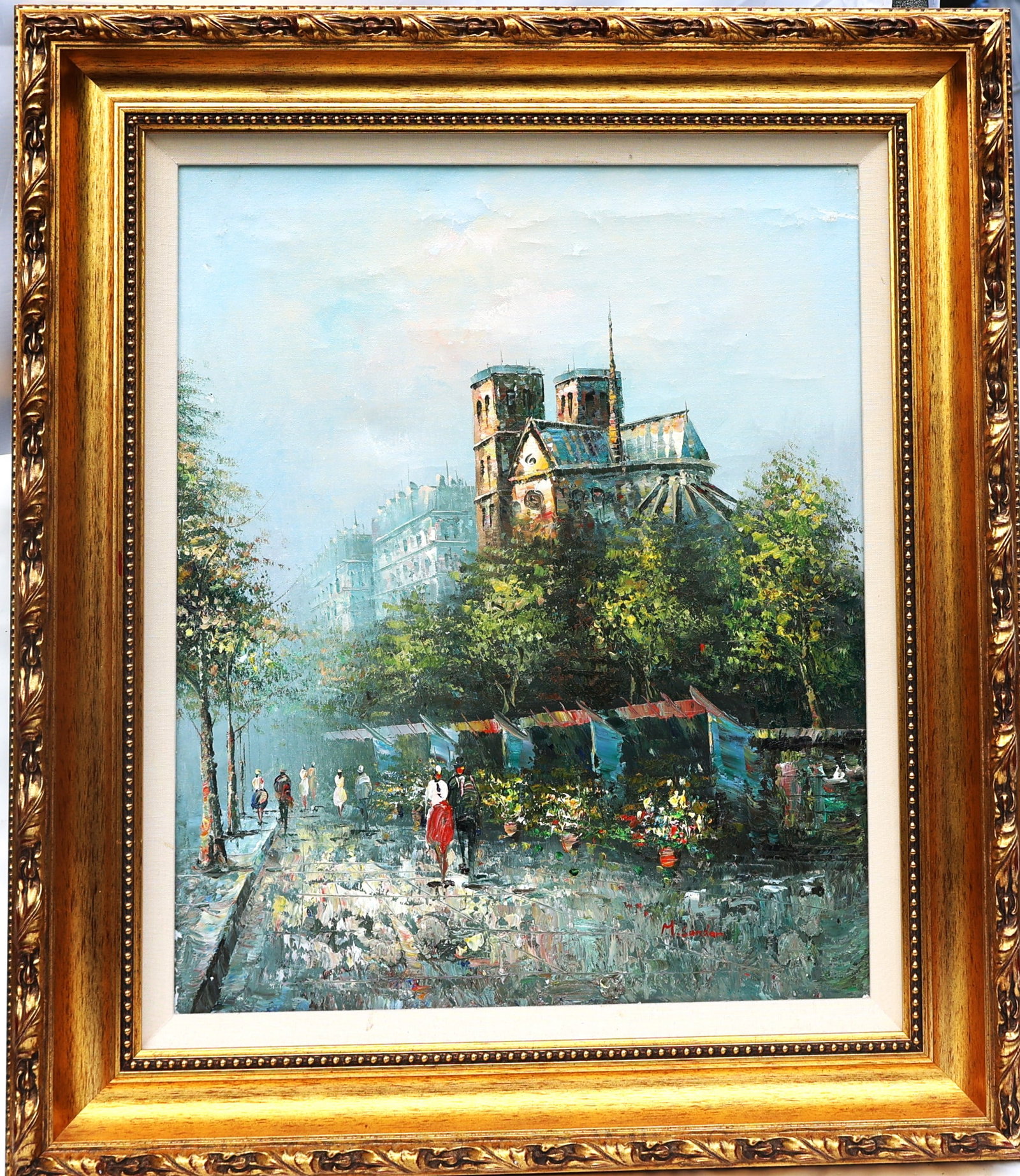 Signed M Sandor, Oil onCanvas Painting, Parisian street scene with Flower Market (1 of 6)