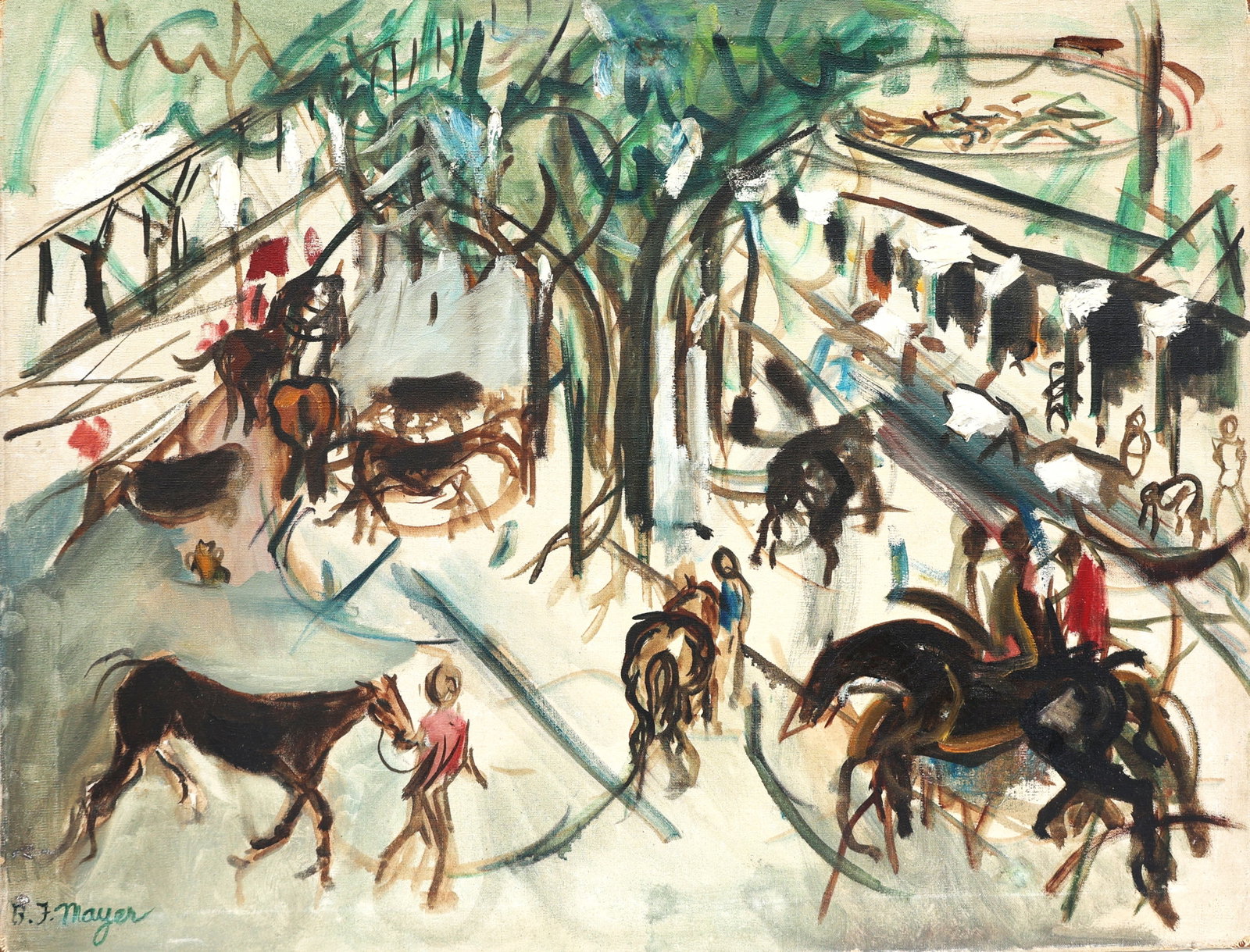 modernist oil work by artist Bena V.F. Mayer, titled "Saratoga Horses".Artist: Bena V.F. Mayer (1 of 10)