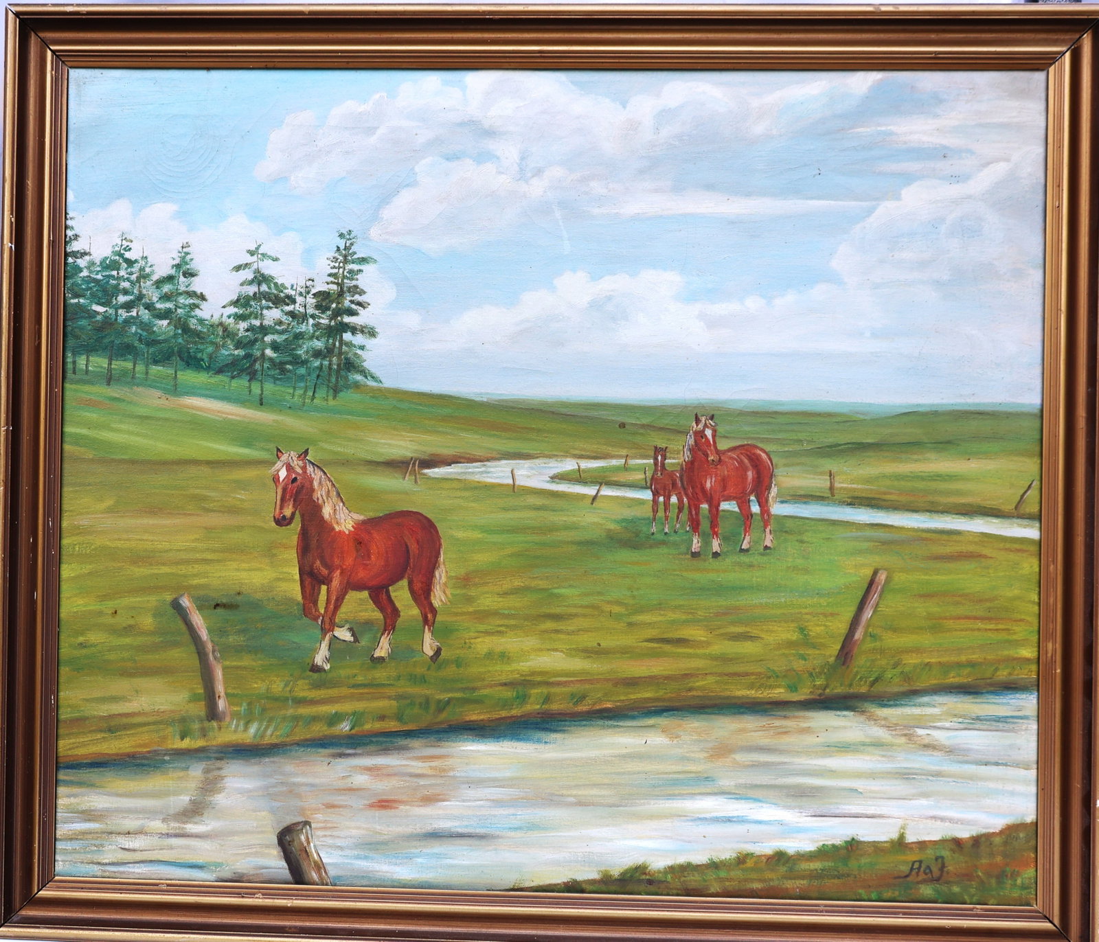 pastoral scene featuring multiple horses grazing in an open field with a waterway, oil on canvas (1 of 5)