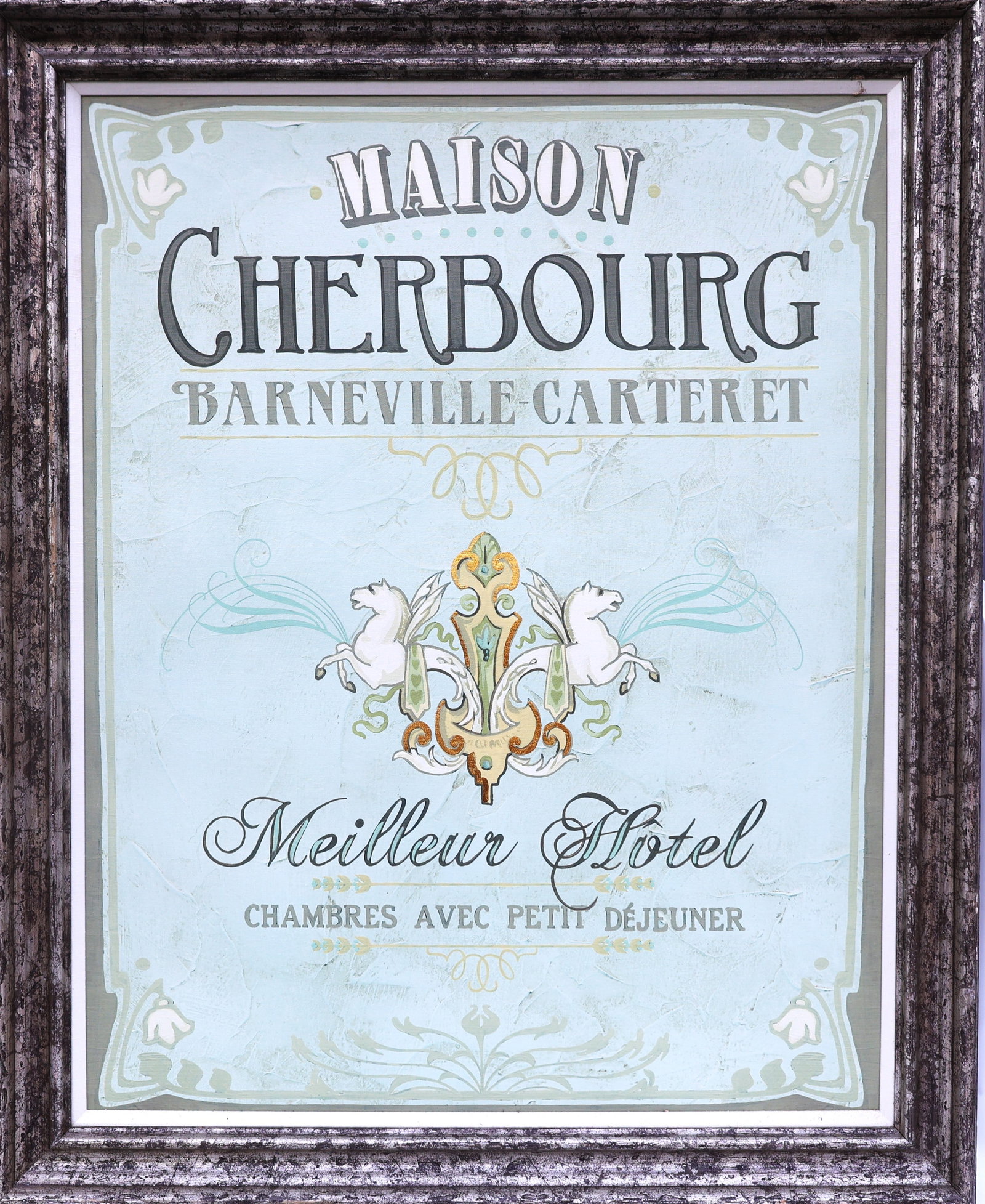 vintage-style French travel poster features "Maison Cherbourg" signage in a distressed rustic silver: Size: image 29 1/4 in. x 37 1/2 in.; outer frame 36 in. x 44 in. ; vintage-style French travel poster features "Maison Cherbourg" signage in a distressed rustic silver frame