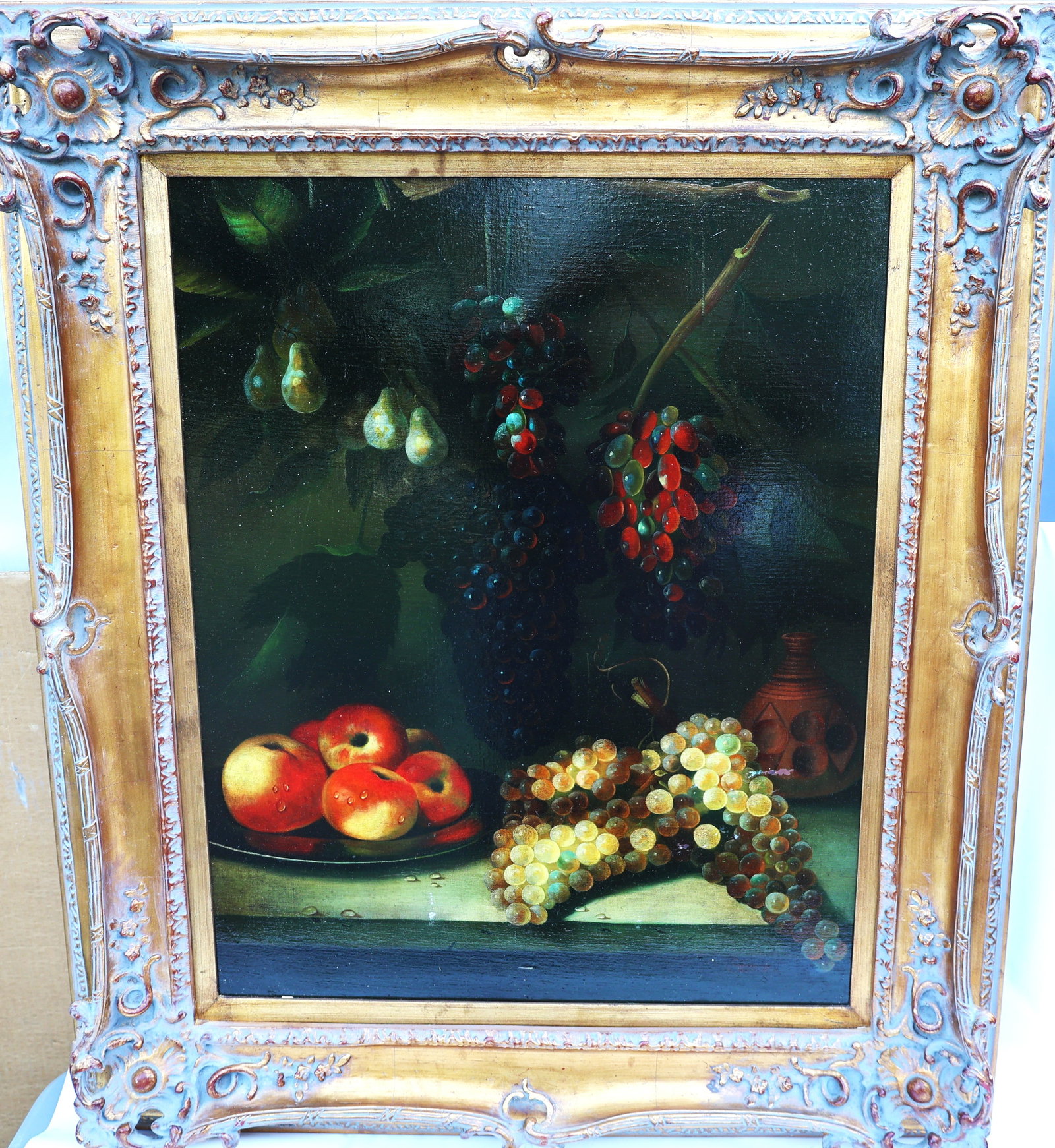 Still Life with Grapes, Apples and Plums after Spanish artist Juan de Espinosa: Still Life with Grapes, Apples and Plums after Spanish artist Juan de Espinosa. Size: image 24 in. x 30 in.; outer frame 35 in. x 41 in.