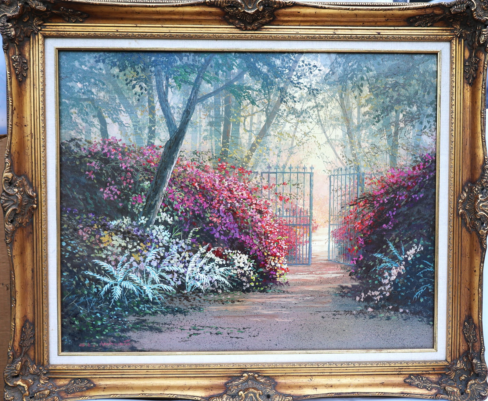 painting is titled Gates and Garden by artist Juan Archuleta.The artwork features a lush garden path (1 of 6)