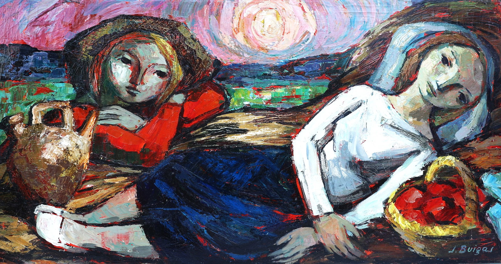 painting is a figurative work by the artist J. Buigas, 2 Figures in a Landscape (1 of 5)
